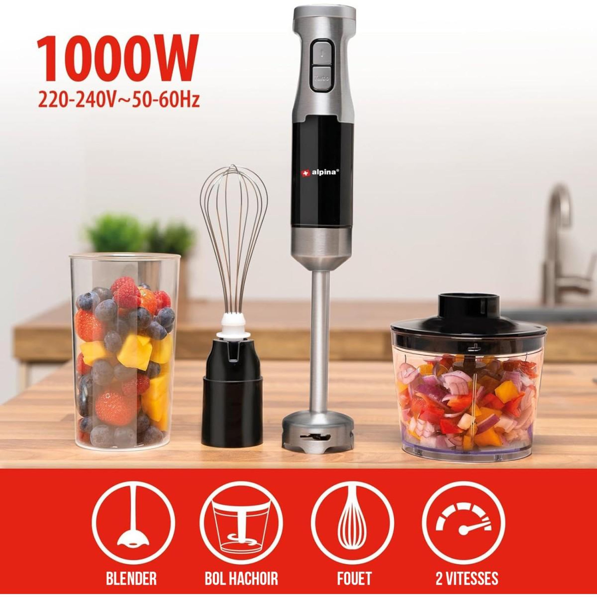 Voir la diapositive 3 : Alpina Mixeur plongeant Inox avec hachoir 1000W 2 Vitesses + Turbo Fouet ALPINA