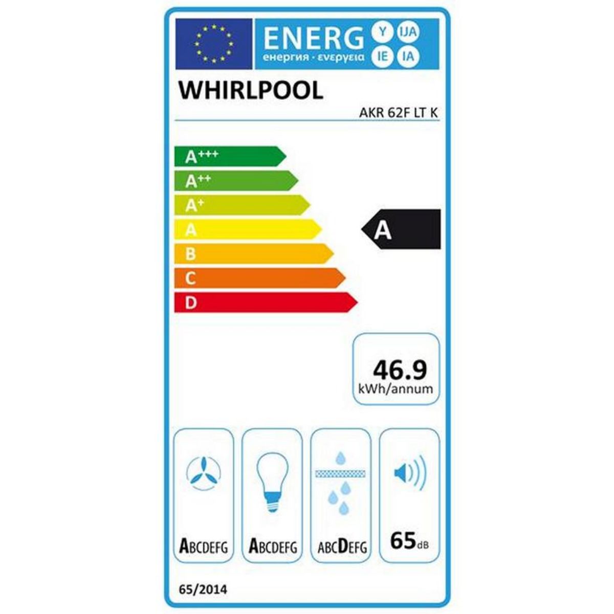 Whirlpool Hotte décorative inclinée 60cm 650m3/h noir - AKR62FLTK