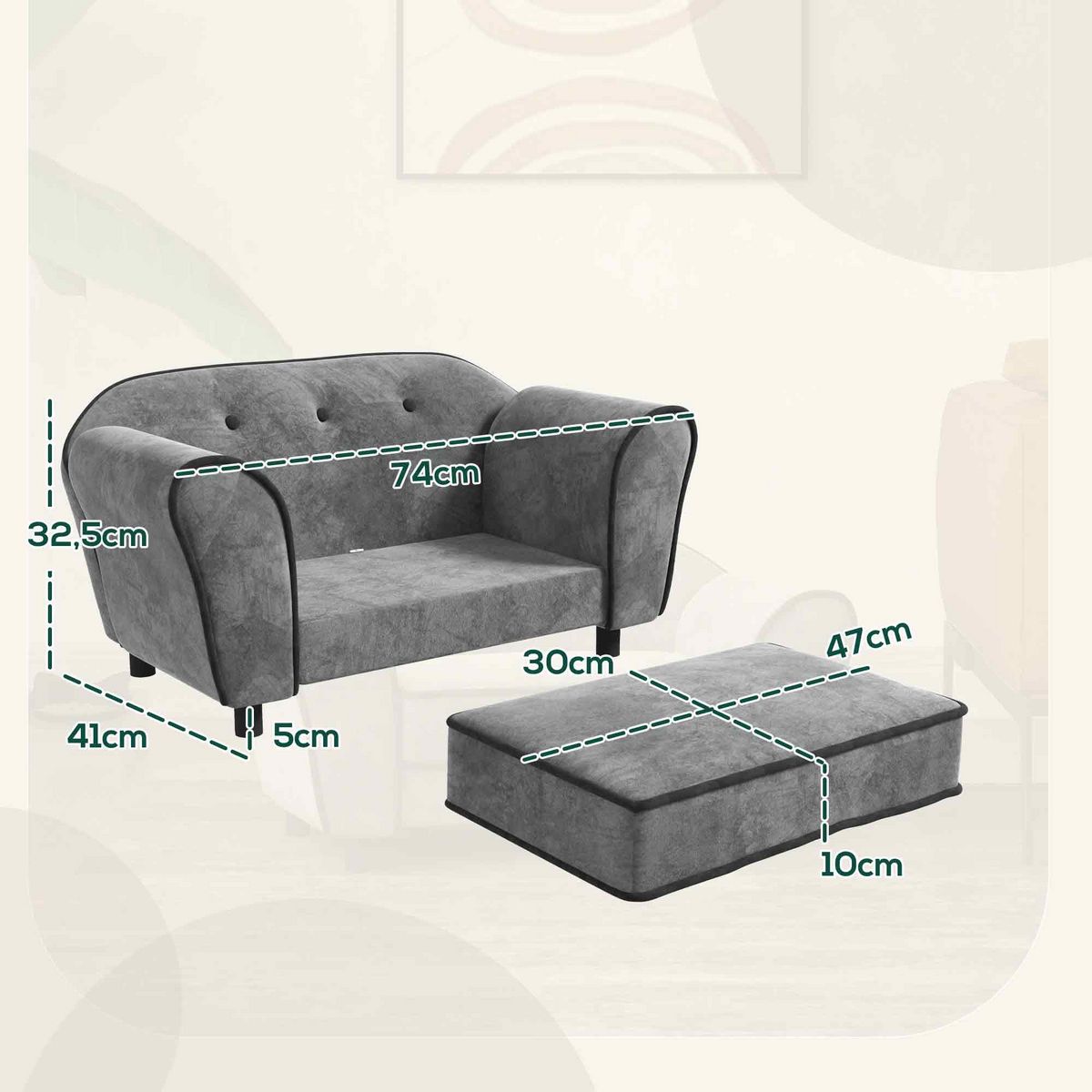 PAWHUT Canapé pour chien design - coussin déhoussable - dim. 74L x 41l x 32,5H cm - velours gris