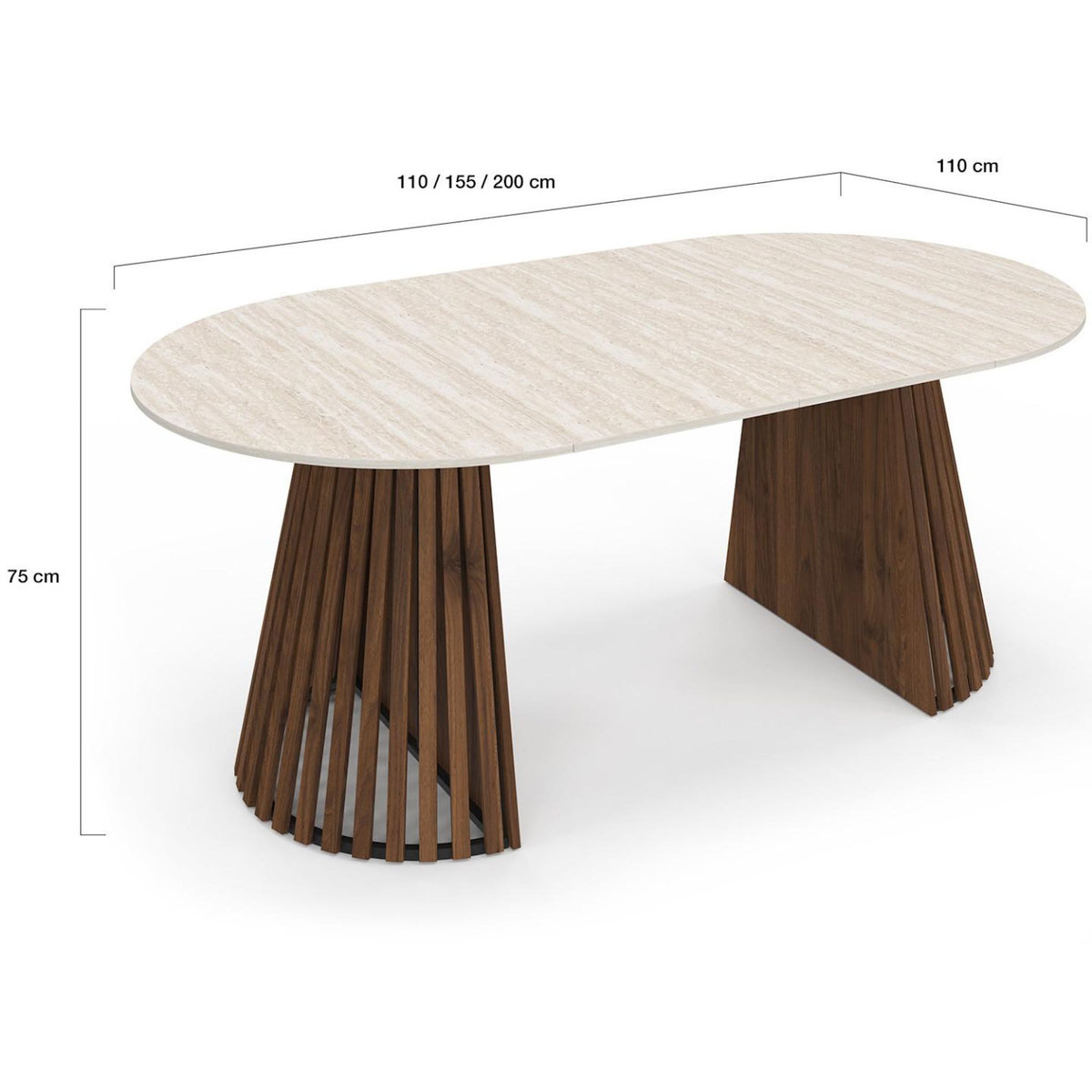 ID MARKET Table à manger extensible ronde CARMEN 4-10 personnes pied noyer en lattes et plateau effet travertin 110-200 cm