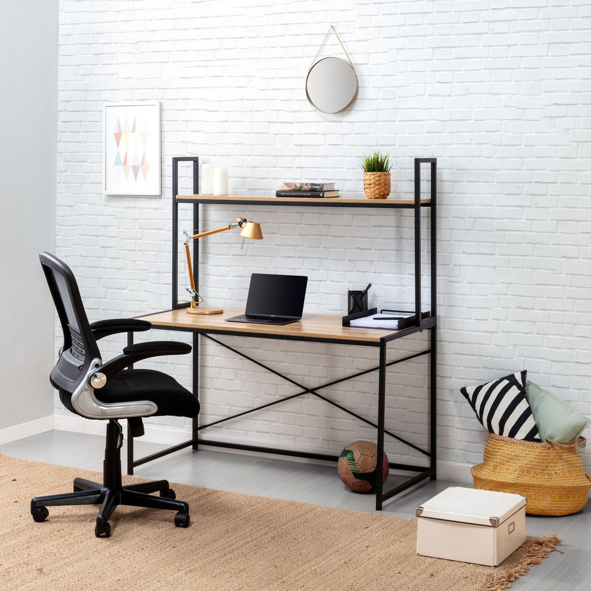 Voir la diapositive 5 : VS VENTA-STOCK Bureau Carmen noir, 1 étagère, style industriel, 120 cm longueur
