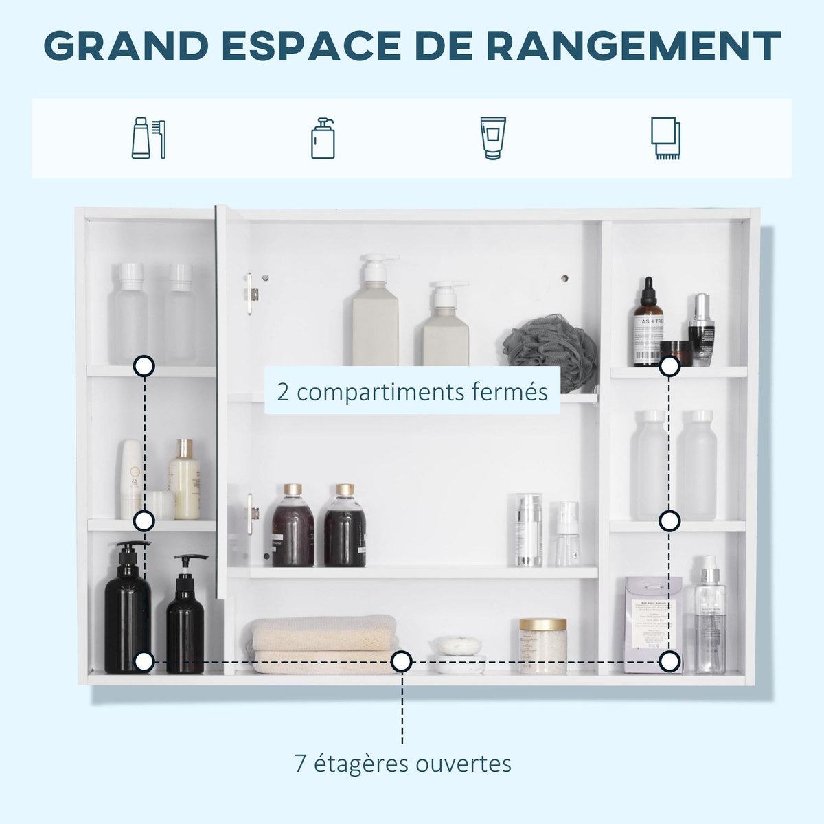 KLEANKIN Armoire murale salle de bain avec miroir - 7 niches, étagère - 100 x 15 x 70 cm - MDF blanc