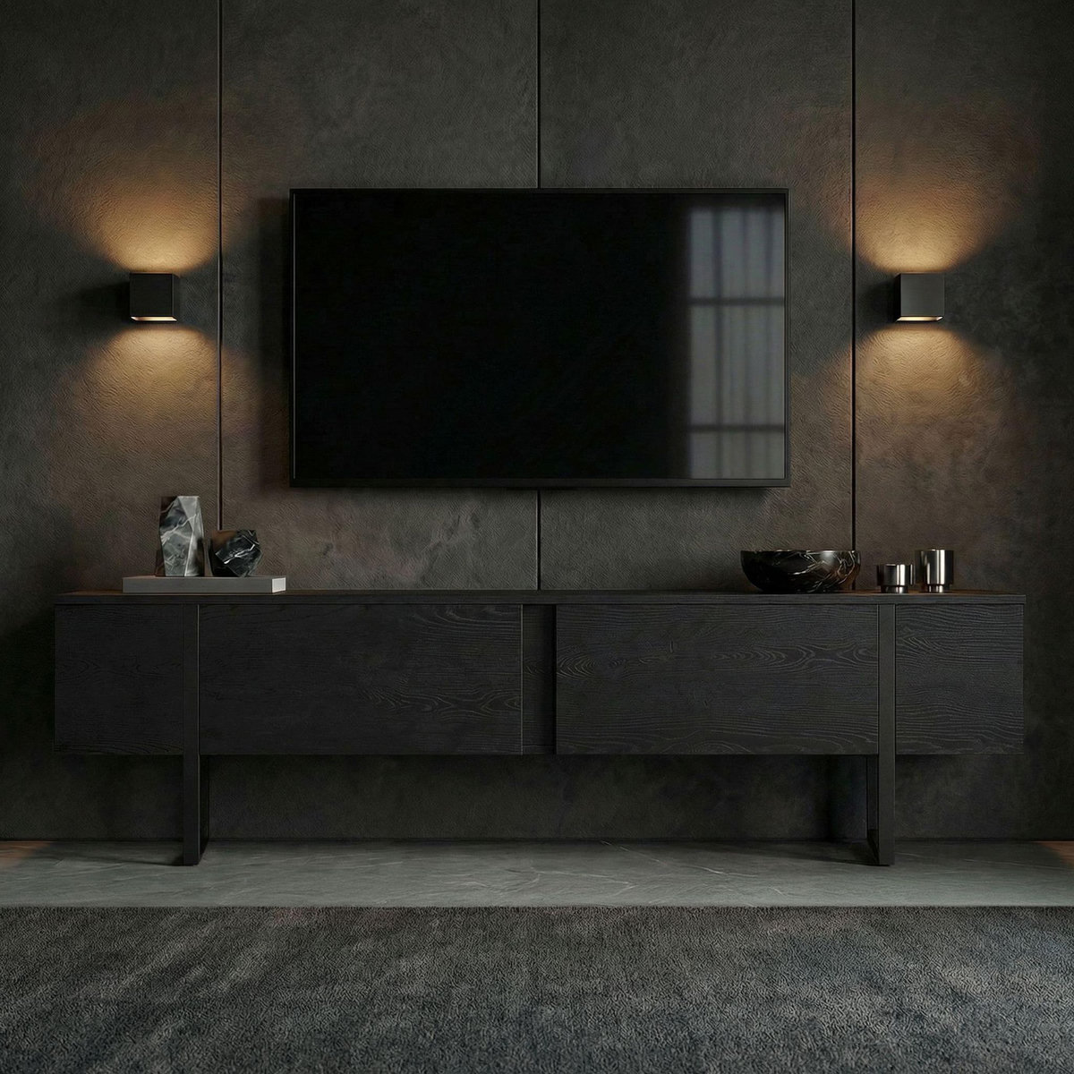Habitat et Jardin Meuble TV en bois  Onera  - 180 x 30 x 50 cm - Bois Noir / Noir