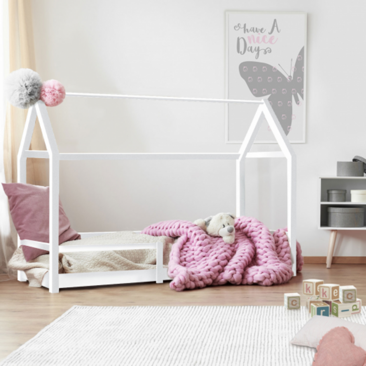 ID MARKET Lit cabane enfant 90 x 190 cm NESSI blanc avec sommier et barrières