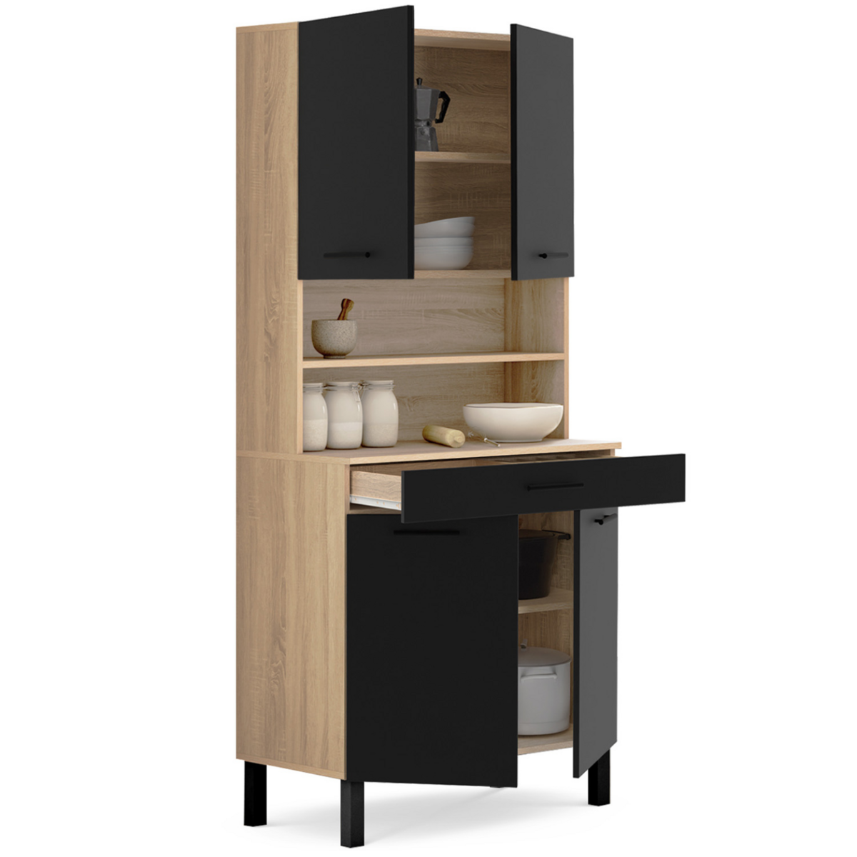 ID MARKET Buffet de cuisine 80 CM CINA 4 portes + tiroir façon hêtre et noir
