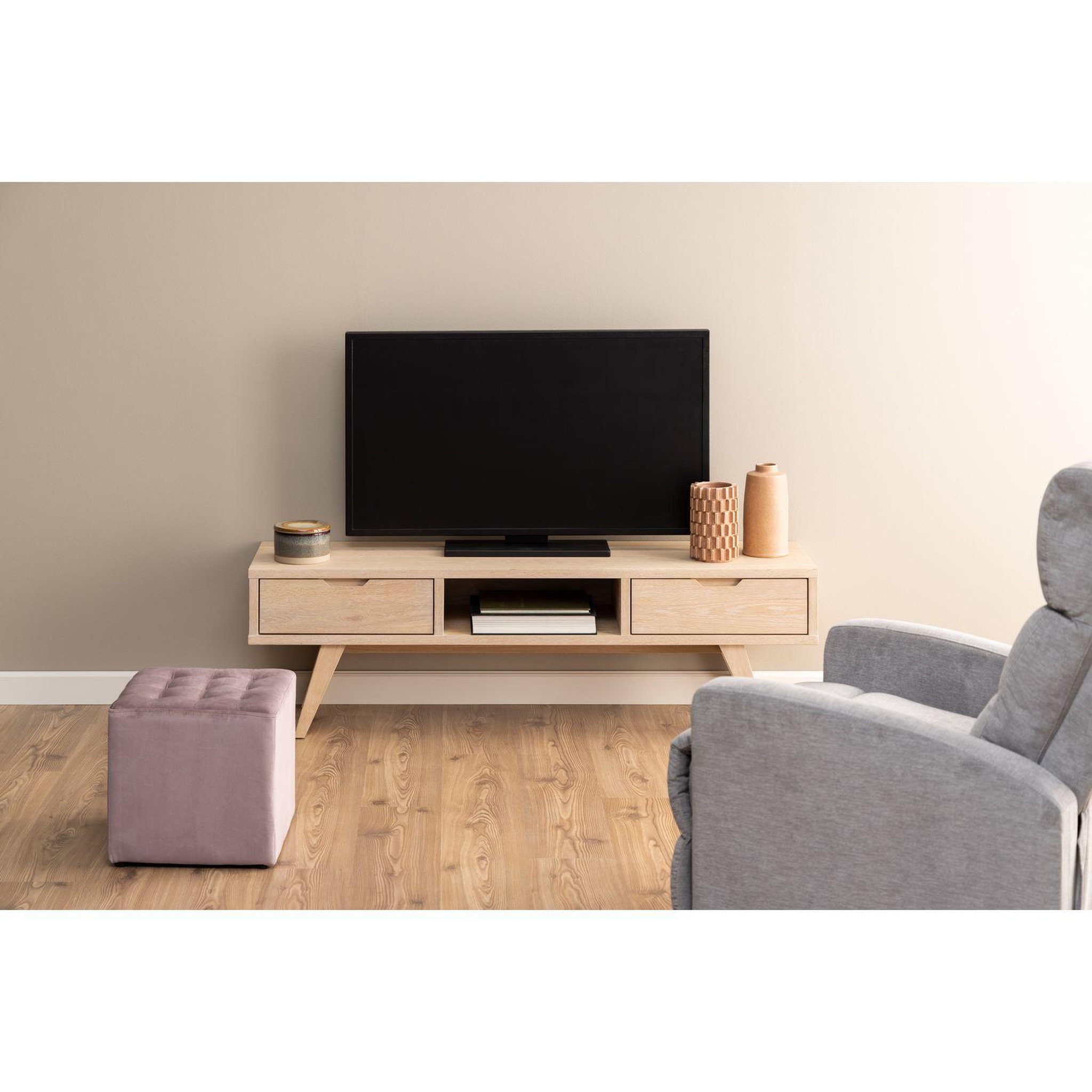 Voir la diapositive 2 : TOILINUX Meuble tv en panneaux de particules avec tiroirs et niche de rangement - beige