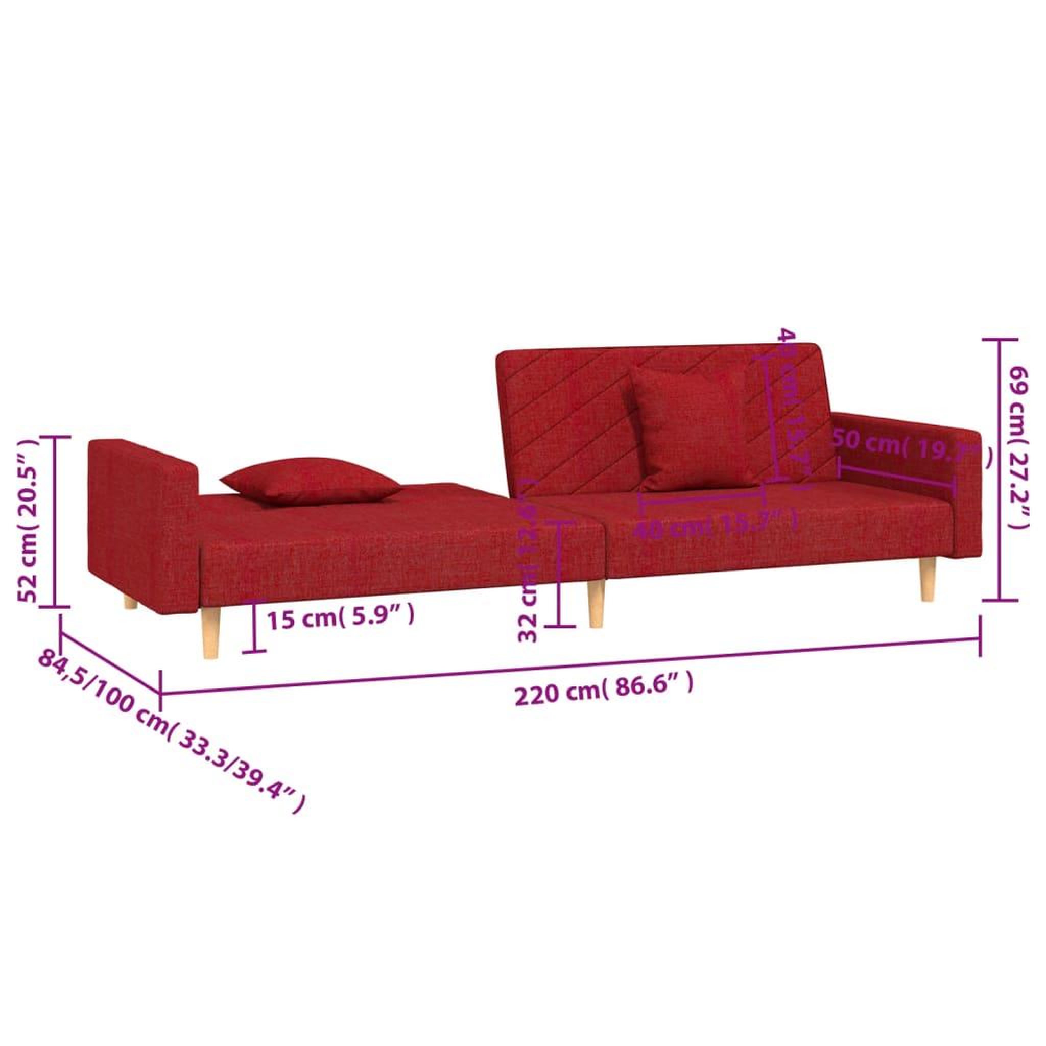 Voir la diapositive 6 : VIDAXL Canape-lit a 2 places avec deux oreillers rouge bordeaux tissu