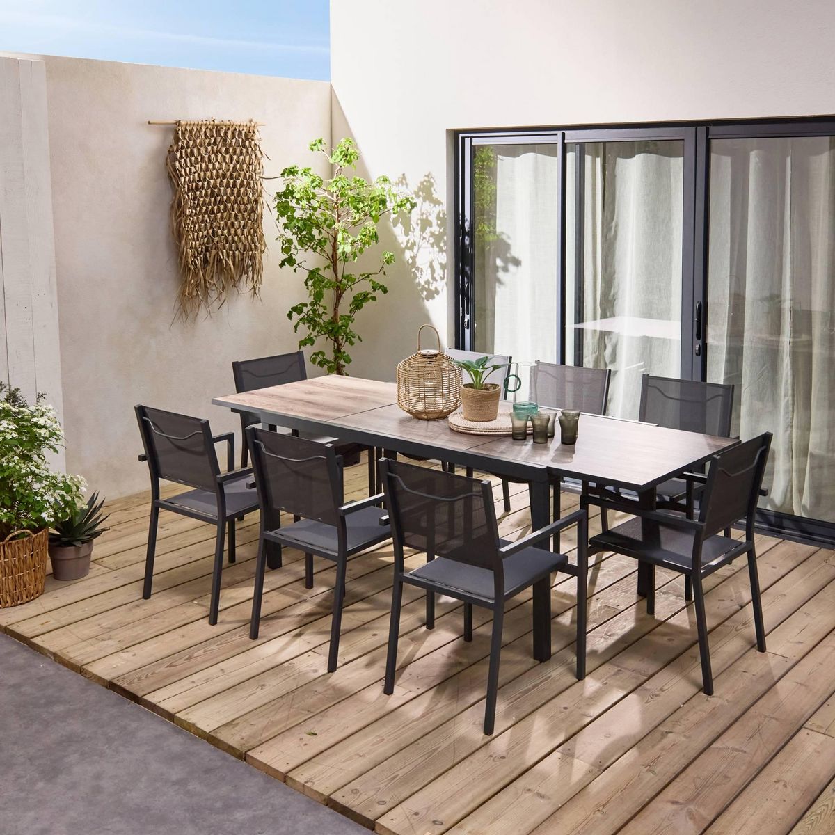 SWEEEK Table jardin extensible aluminium + 8 assises empilables aluminium et textilène
