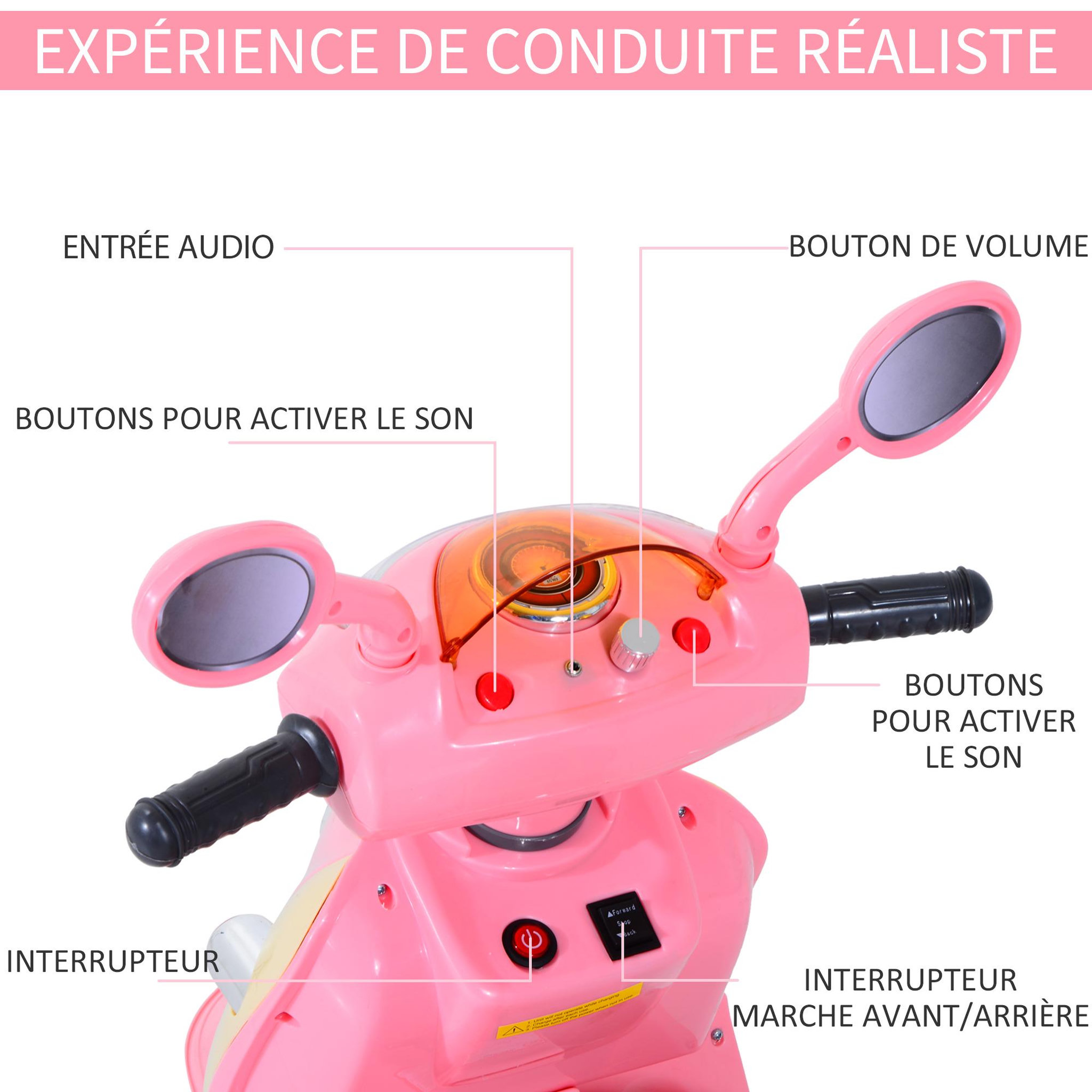 Voir la diapositive 4 : HOMCOM Moto scooter électrique pour enfants 6 V env. 3 Km/h 3 roues et topcase effet lumineux et sonore rose
