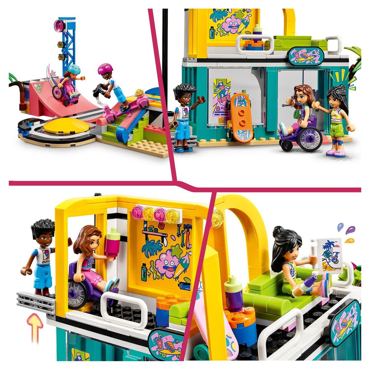 LEGO Friends 41751 Le Skatepark, Jouet de Skateboard, avec Mini-Poupée et Scooter et fauteuil roulant 