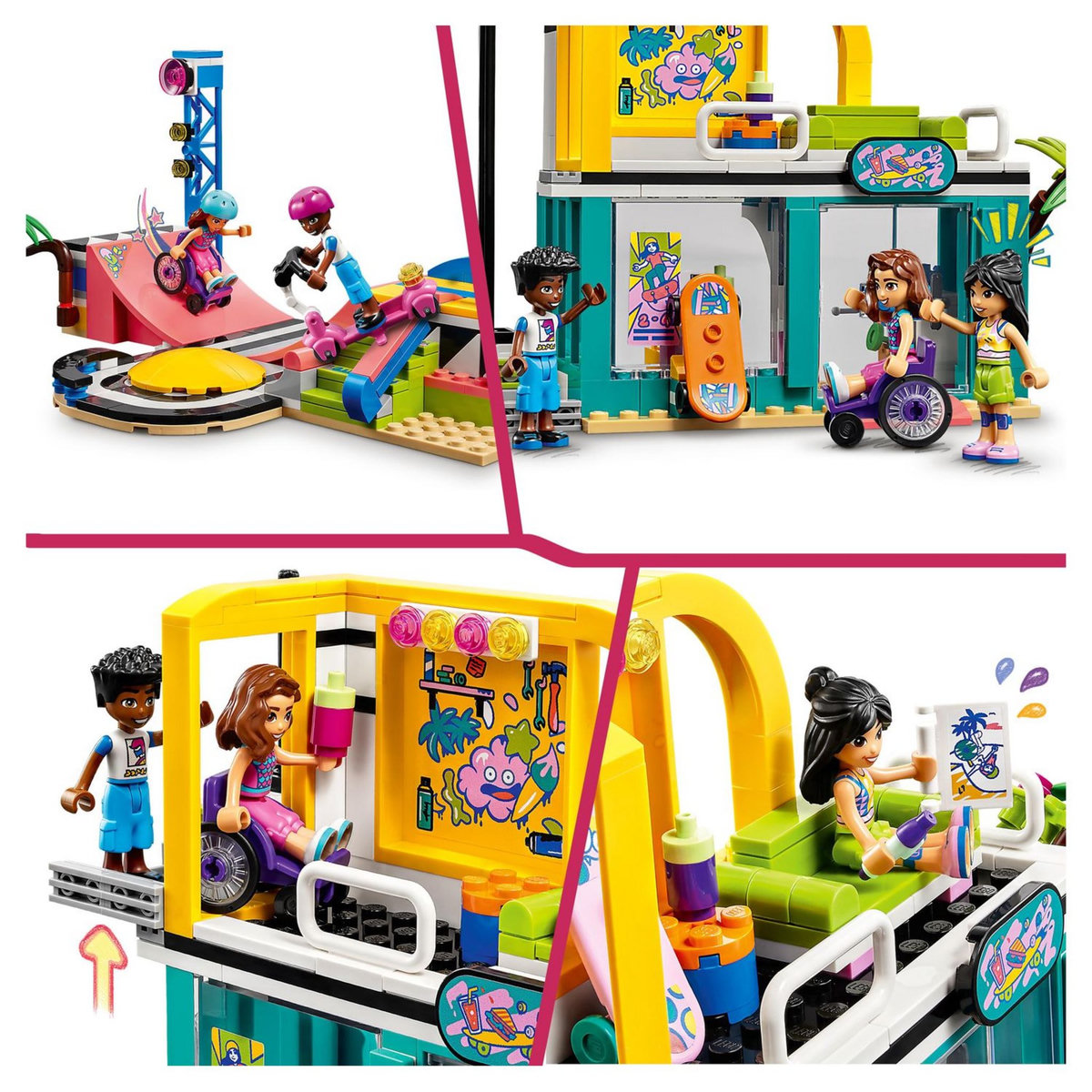 LEGO Friends 41751 Le Skatepark, Jouet de Skateboard, avec Mini-Poupée et Scooter et fauteuil roulant 