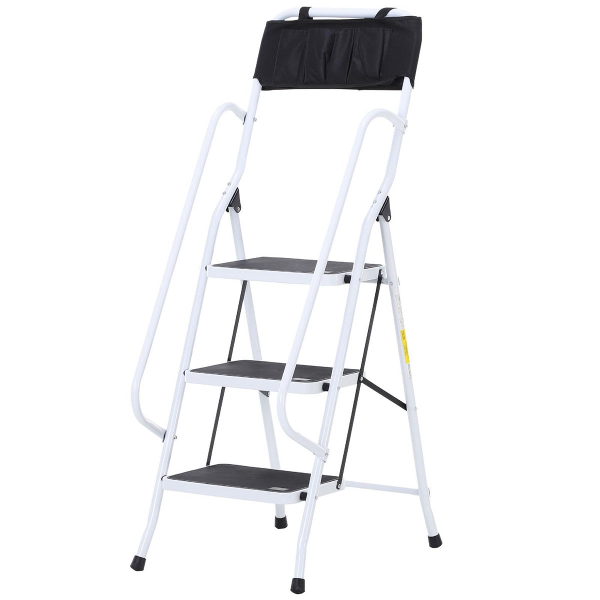 HOMCOM HOMCOM Escabeau pliable 3 marches XL antidérapantes double garde corps hauteur max. 1,31 m charge max. 150 Kg pochette outils intégrée acier blanc noir