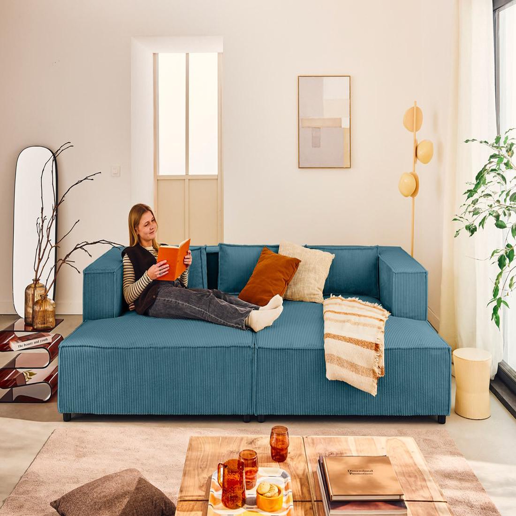 Voir la diapositive 2 : LISA DESIGN Stella - canapé droit 3 places avec double méridienne - assise profonde - en velours côtelé