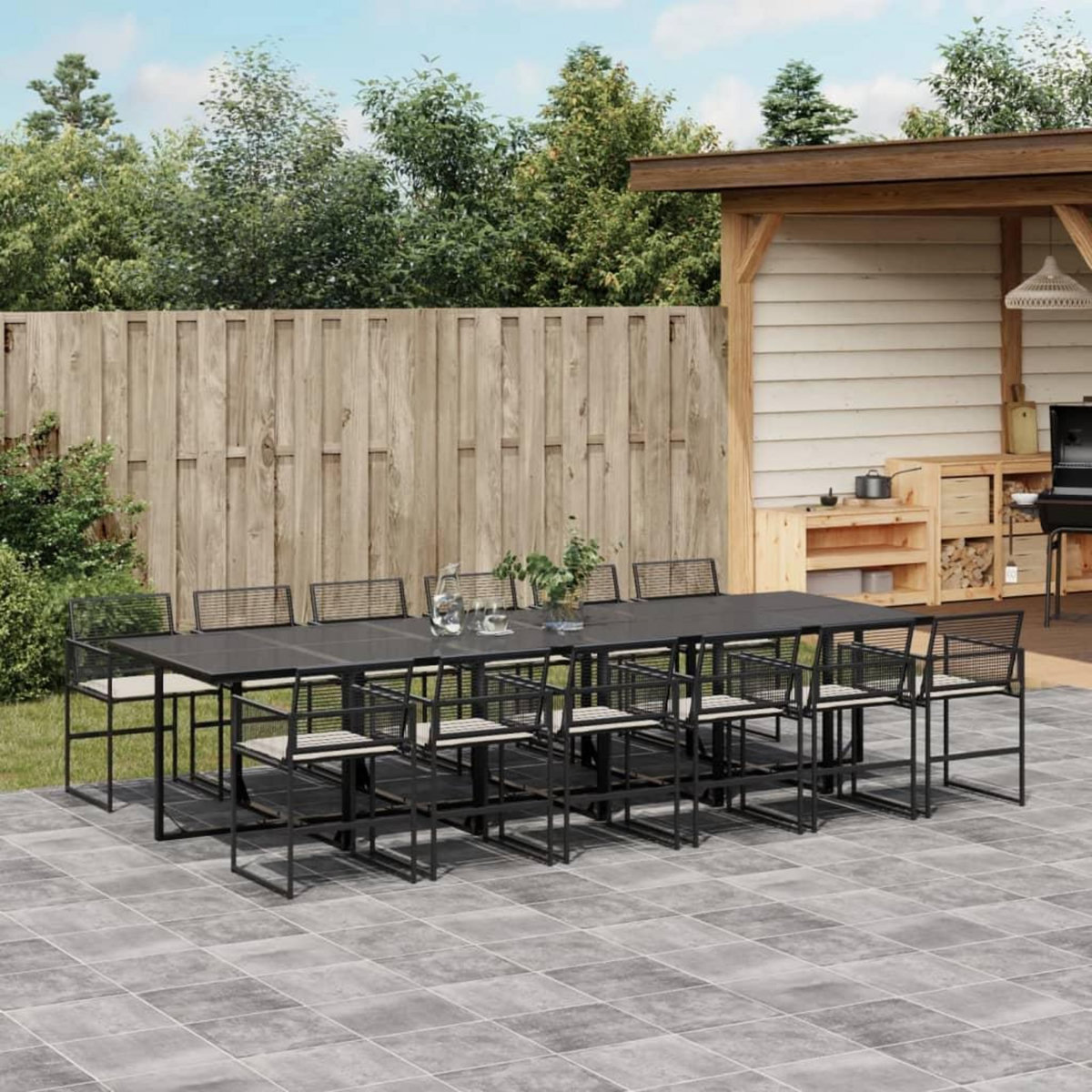VIDAXL Ensemble a manger de jardin 13 pcs coussins noir resine tressee