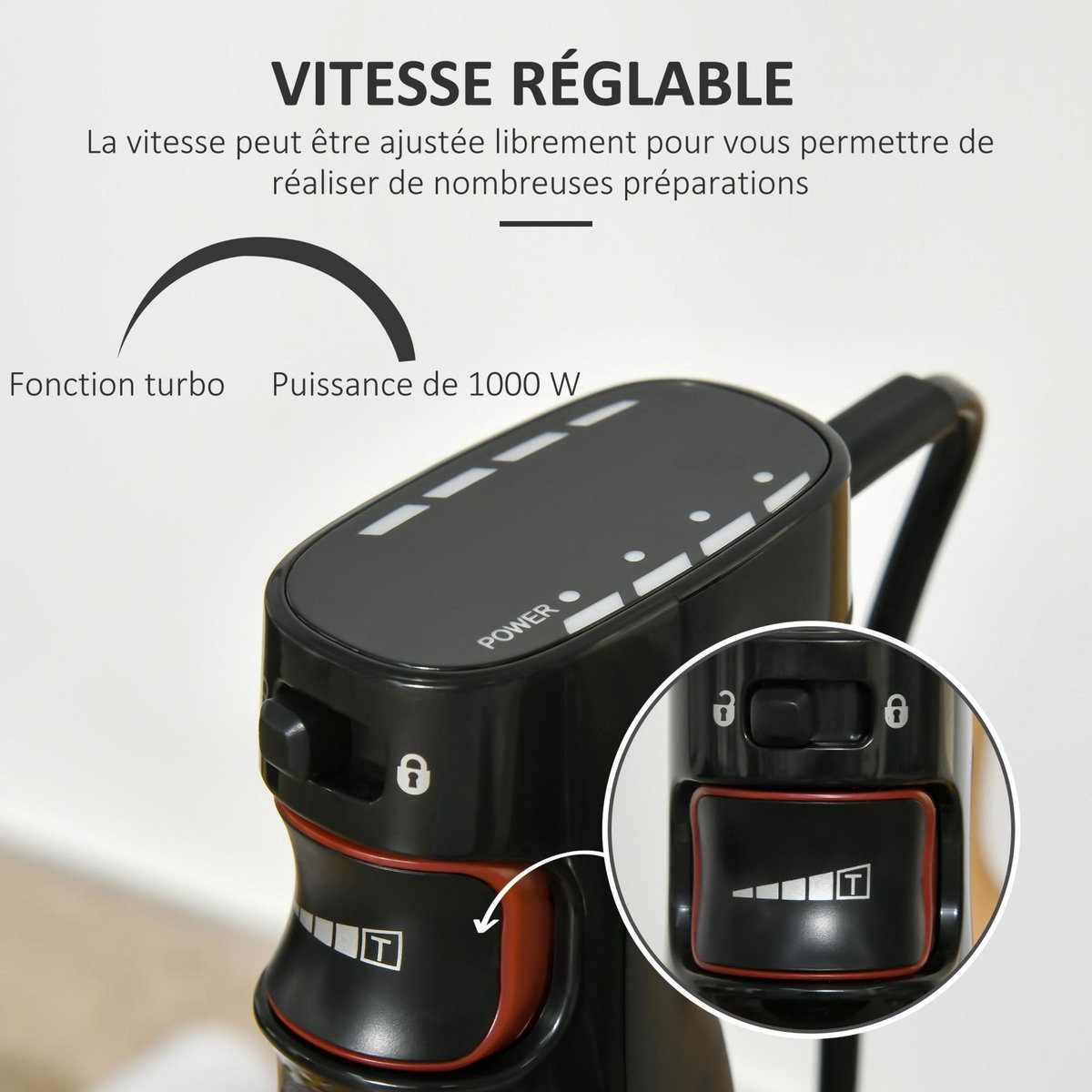 HOMCOM Mixeur plongeant multifonction 1000 W - mélangeur à main, hâchoir, batteur, 2 bols - acier inox. ABS noir