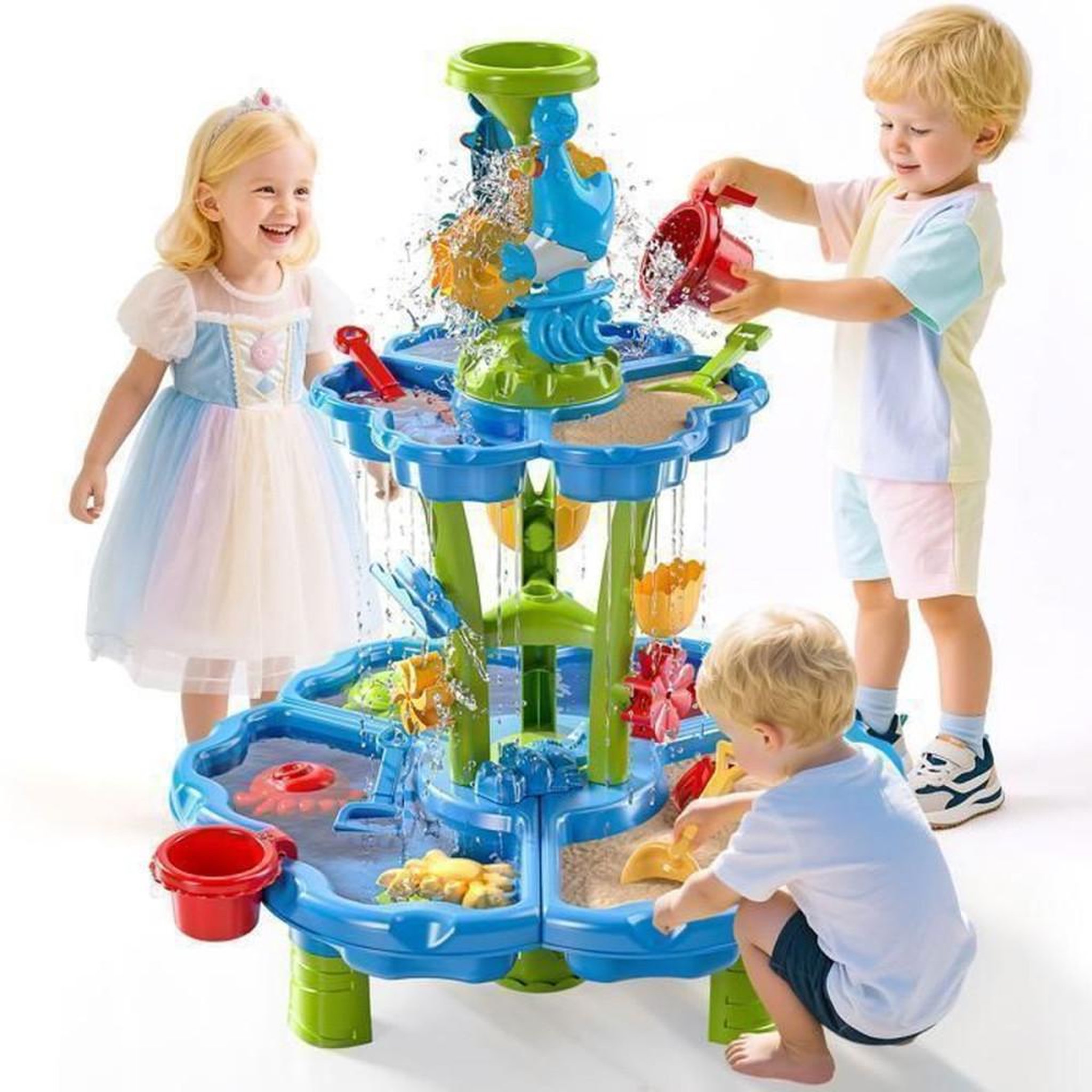 Table de jeux sable et eau à 2 niveaux avec accessoires 18 pcs, pour enfants 3+