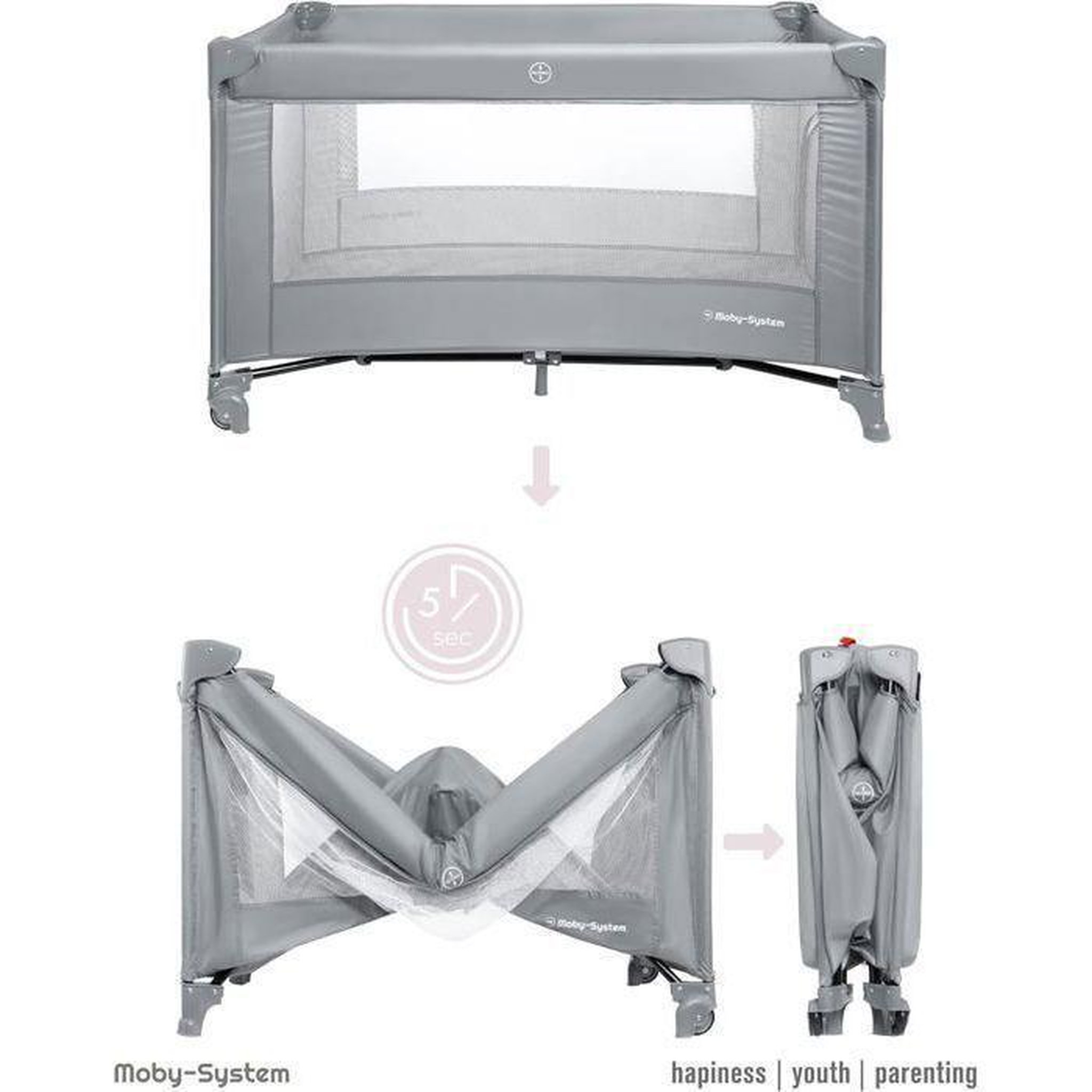 Voir la diapositive 3 : MOBY SYSTEM Lit Parapluie de Voyage Pliable Avec Matelas et Sac de Transport 126 x 66 x 72, Roues (Gris)