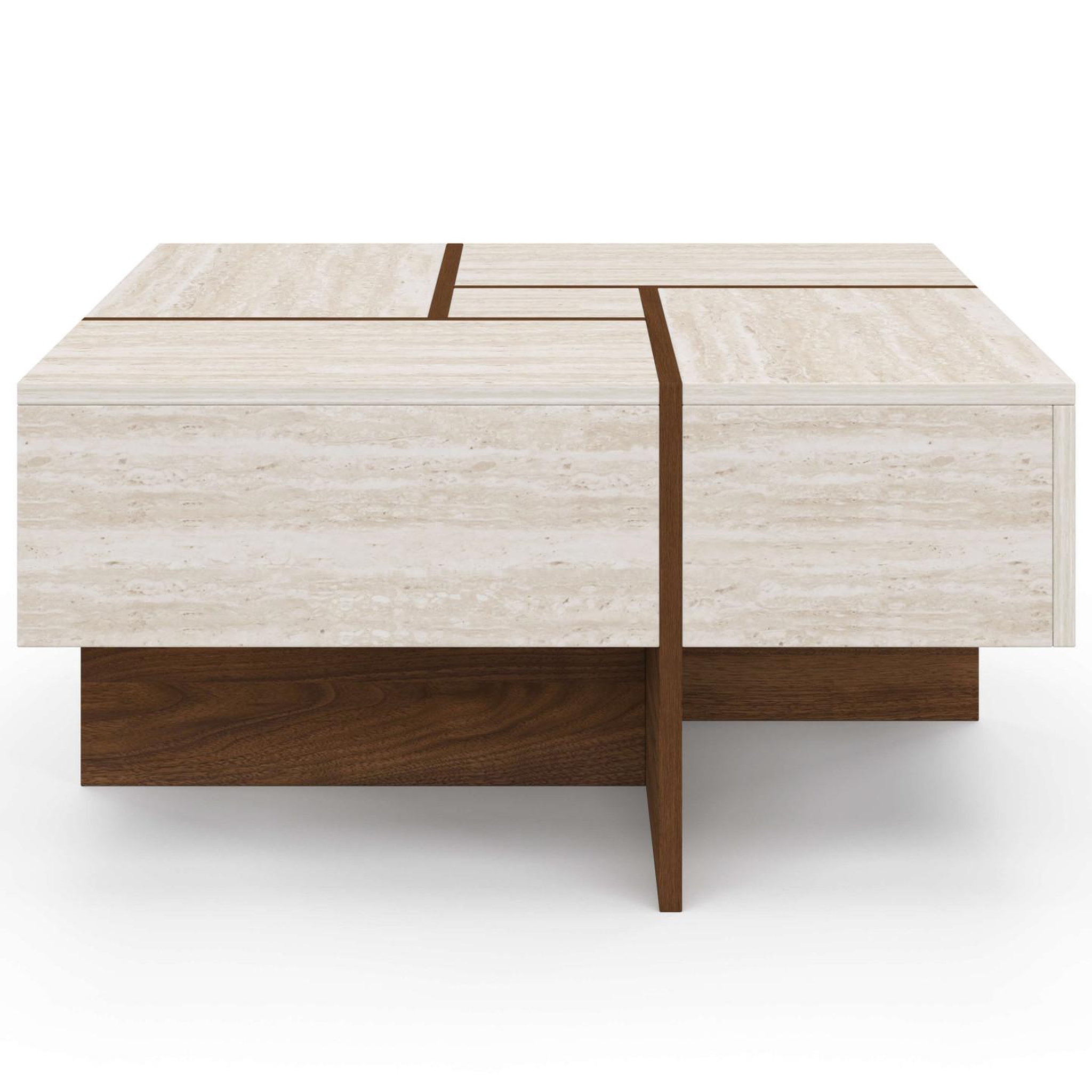 Voir la diapositive 3 : ID MARKET Table basse carrée talia 70 cm avec tiroirs bois effet noyer et plateau travertin
