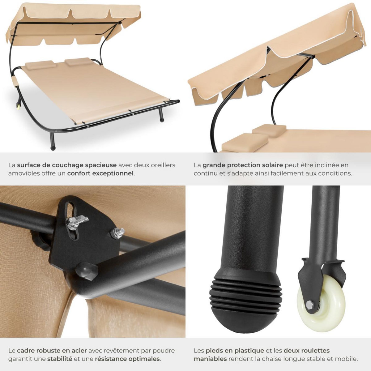 tectake Transat en acier pour 2 personnes noir/beige