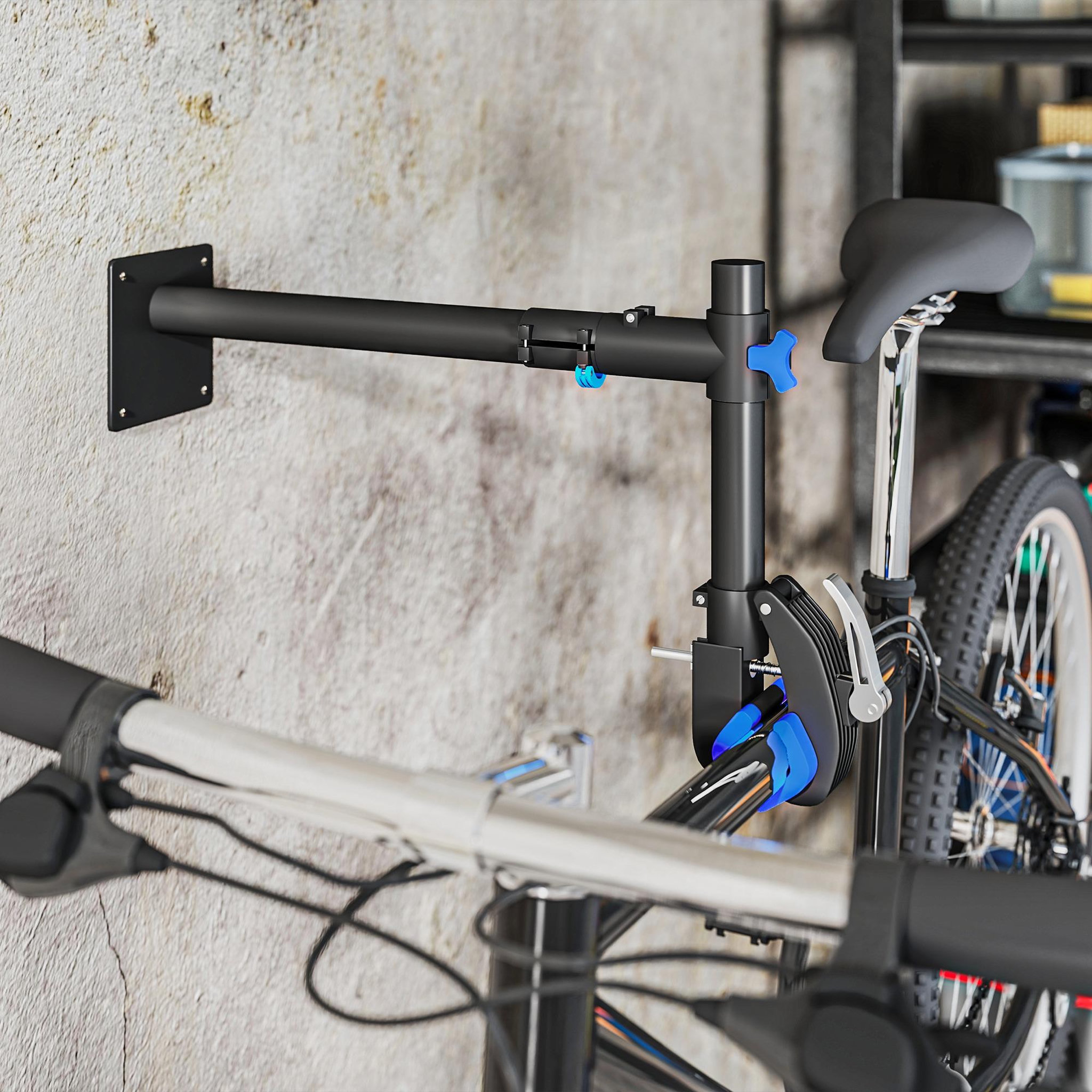 Voir la diapositive 4 : HOMCOM Support de réparation de vélo réglable - pied d'atelier vélo - pince pivotante 360° - charge max. 25 Kg - noir bleu
