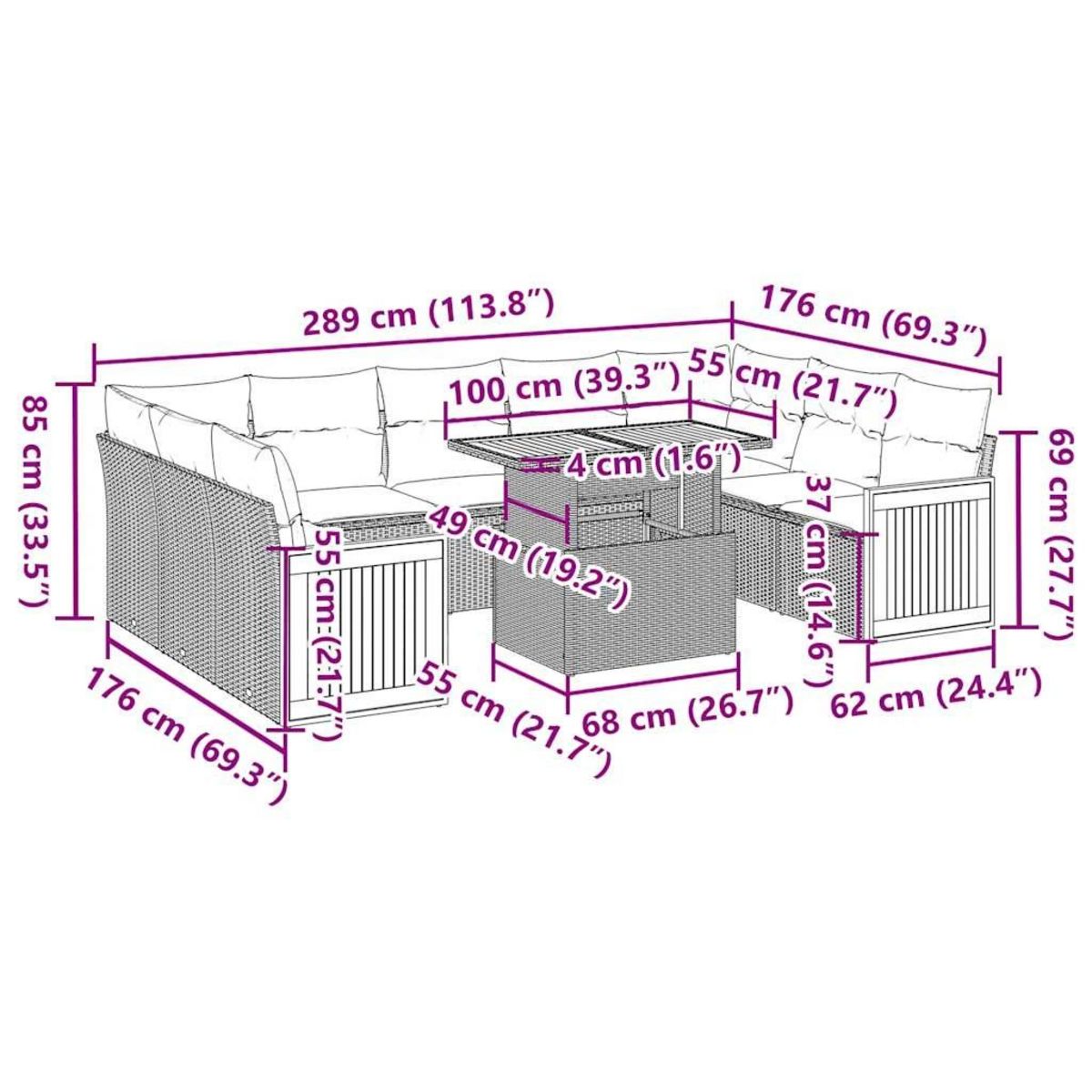 VIDAXL Salon de jardin avec coussins 10 pcs gris resine tressee acacia