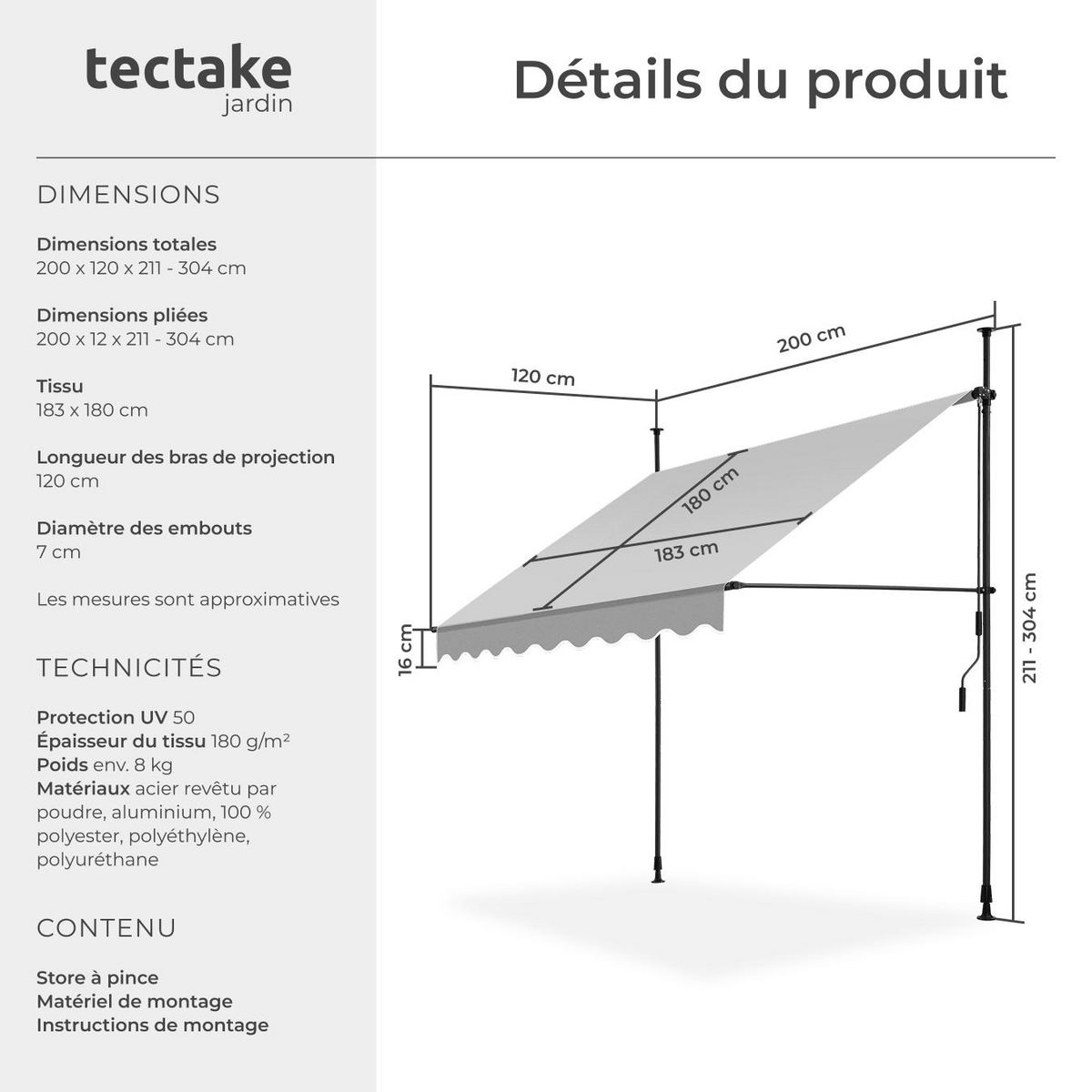 tectake Store à pince sans perçage avec manivelle gris clair 200 x 180 cm