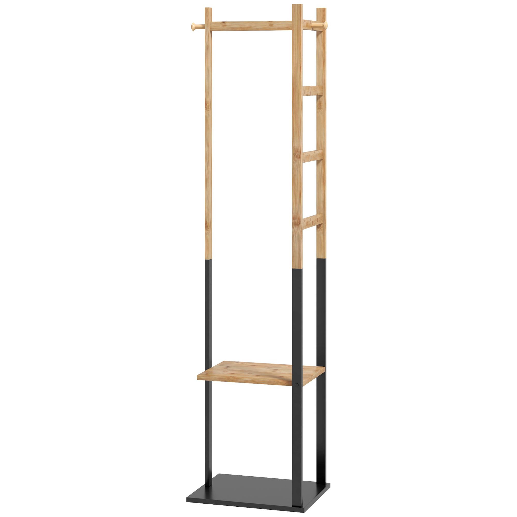 Voir la diapositive 4 : HOMCOM Portant pour vêtements en bambou, porte-manteau en bois avec tringle, étagères, patère, 4 barres latérales dim. 46l x 28,5l x 153,5h cm
