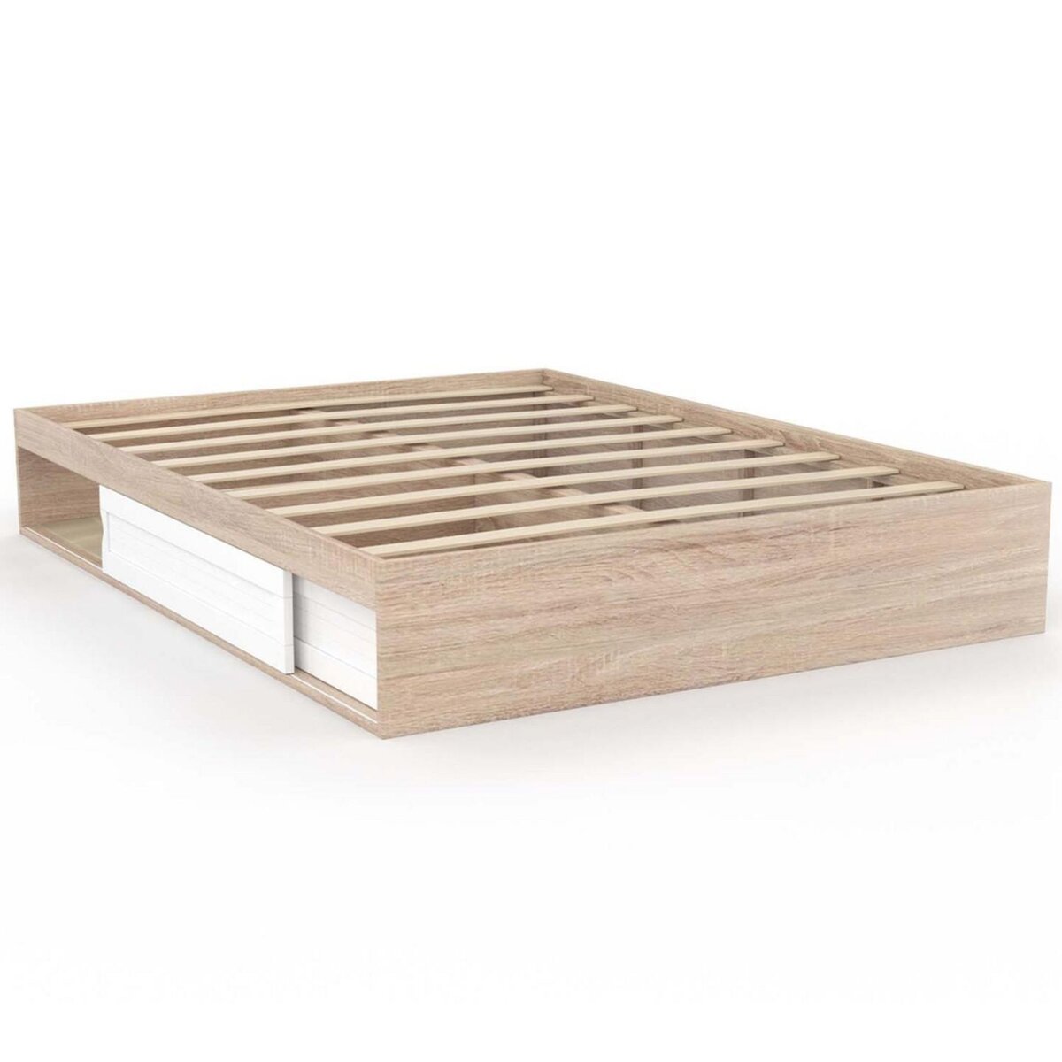 ID MARKET Cadre de lit double SALEM avec rangements et sommier 140 x 190 cm façon hêtre et blanc