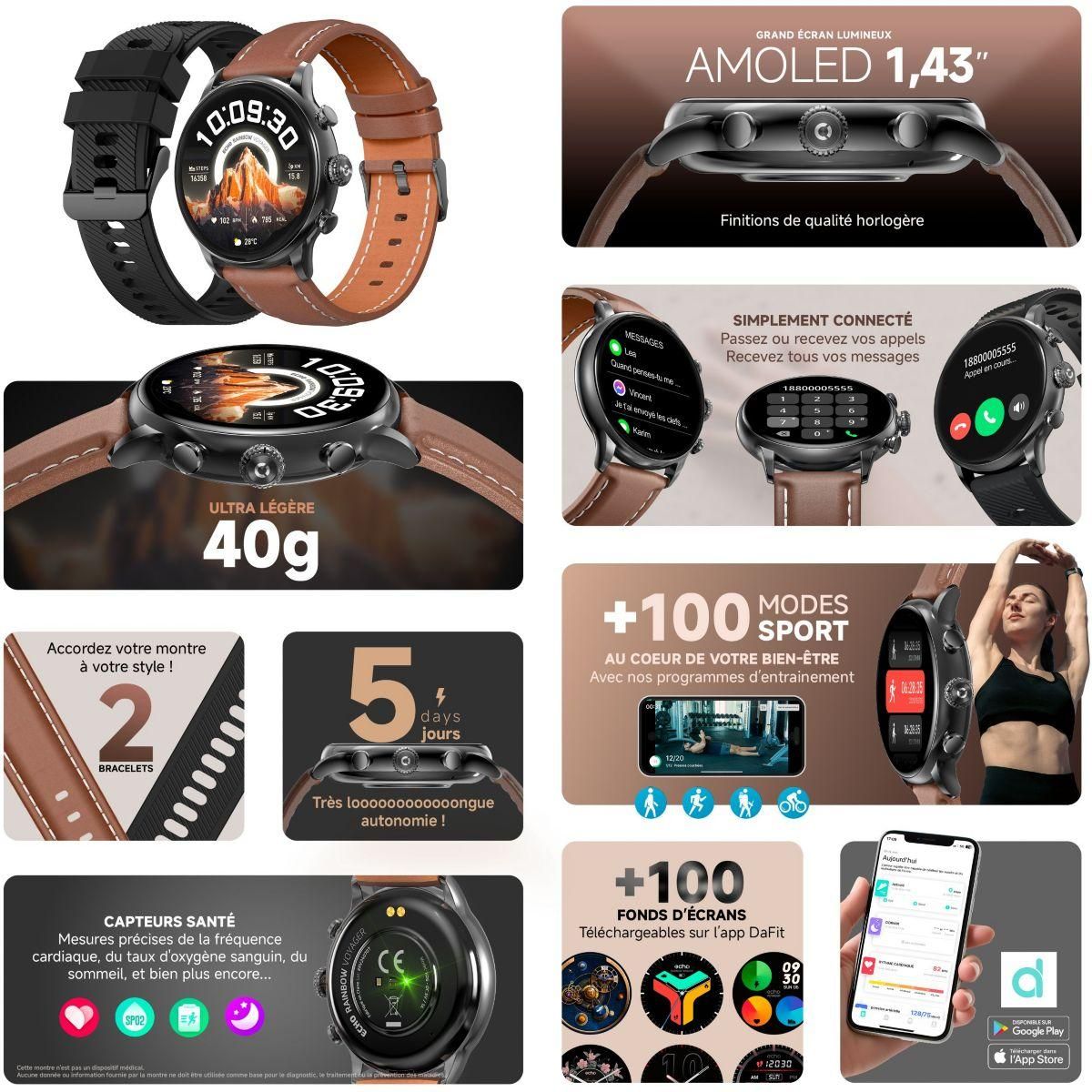 Echo Montre connectée Rainbow Voyager Noir Silicone+MarronCuir