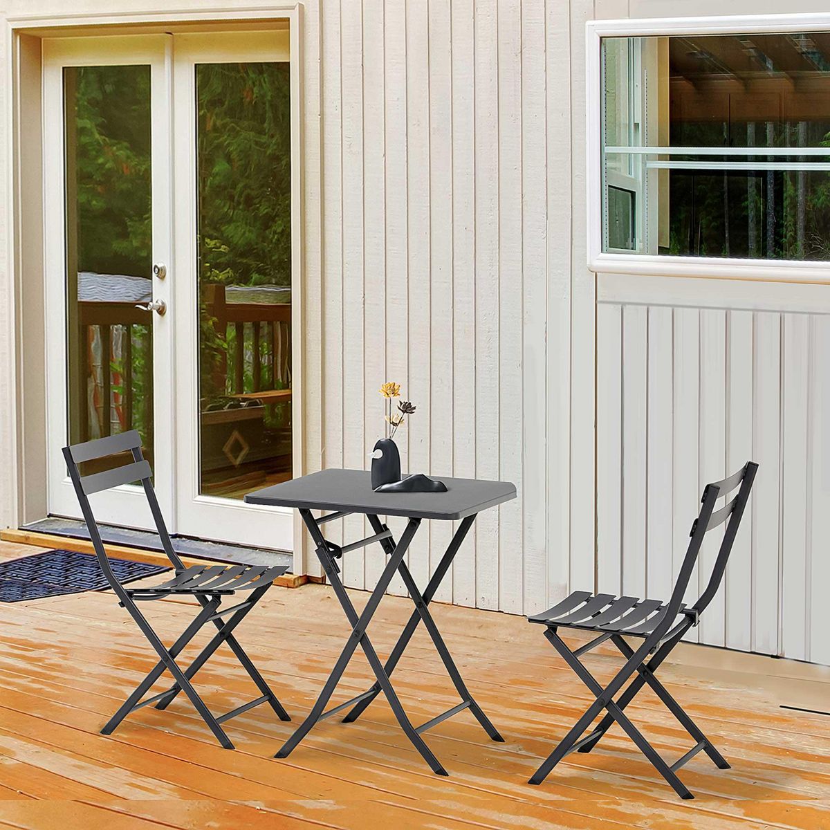 OUTSUNNY Salon de jardin bistro pliable - table carrée dim. 60L x 60l x 71H cm avec 2 chaises - métal thermolaqué gris