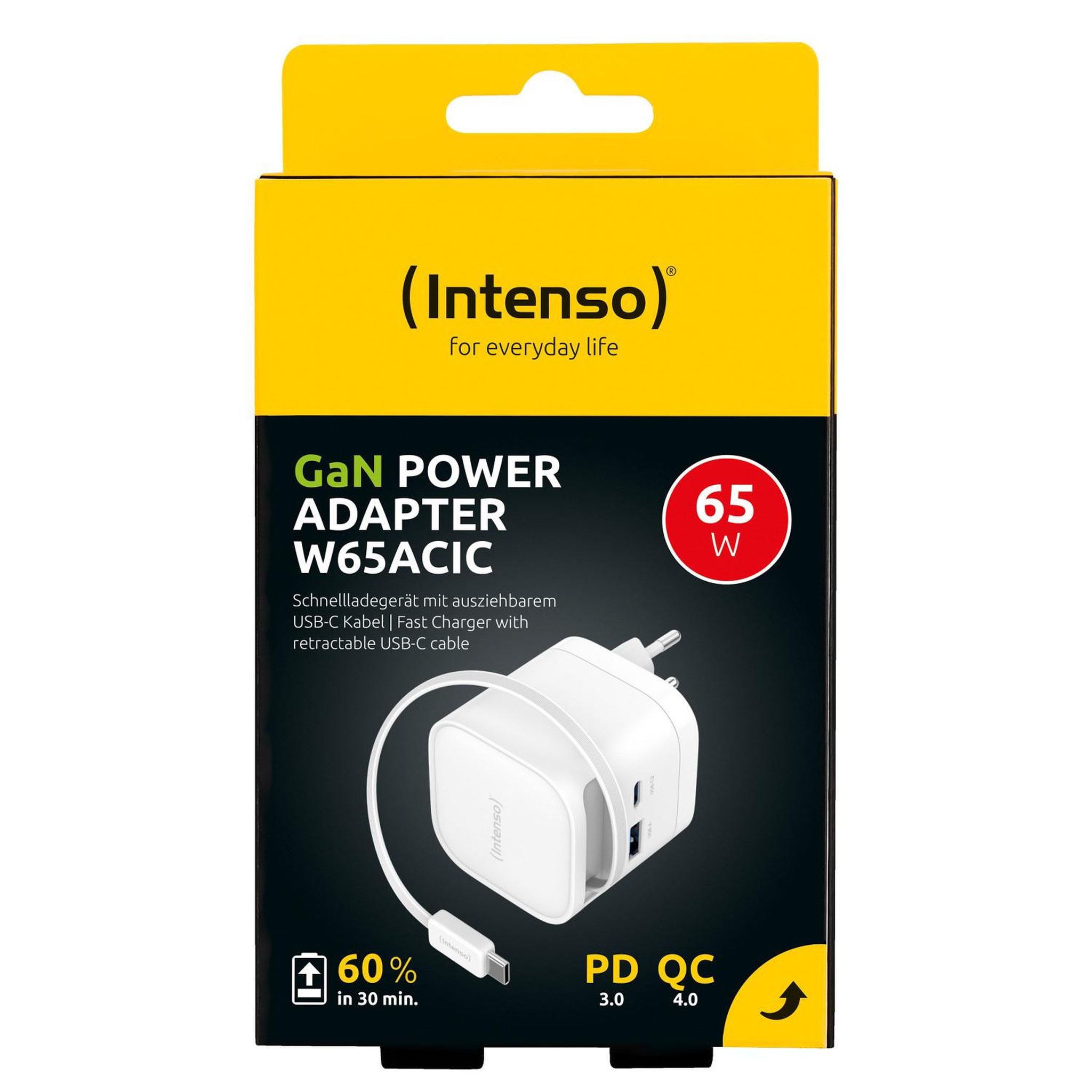 Voir la diapositive 3 : Intenso Chargeur secteur 65w cable usb-c + port usb-c/usb-a blanc