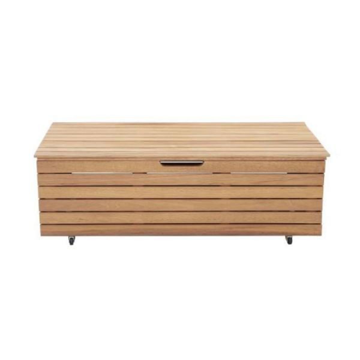 MARKET24 Coffre de rangement jardin en bois exotique d'eucalyptus FSC - 190 L - 48,5 x 109,5 x 37 cm - Avec roulettes - Effet Teck