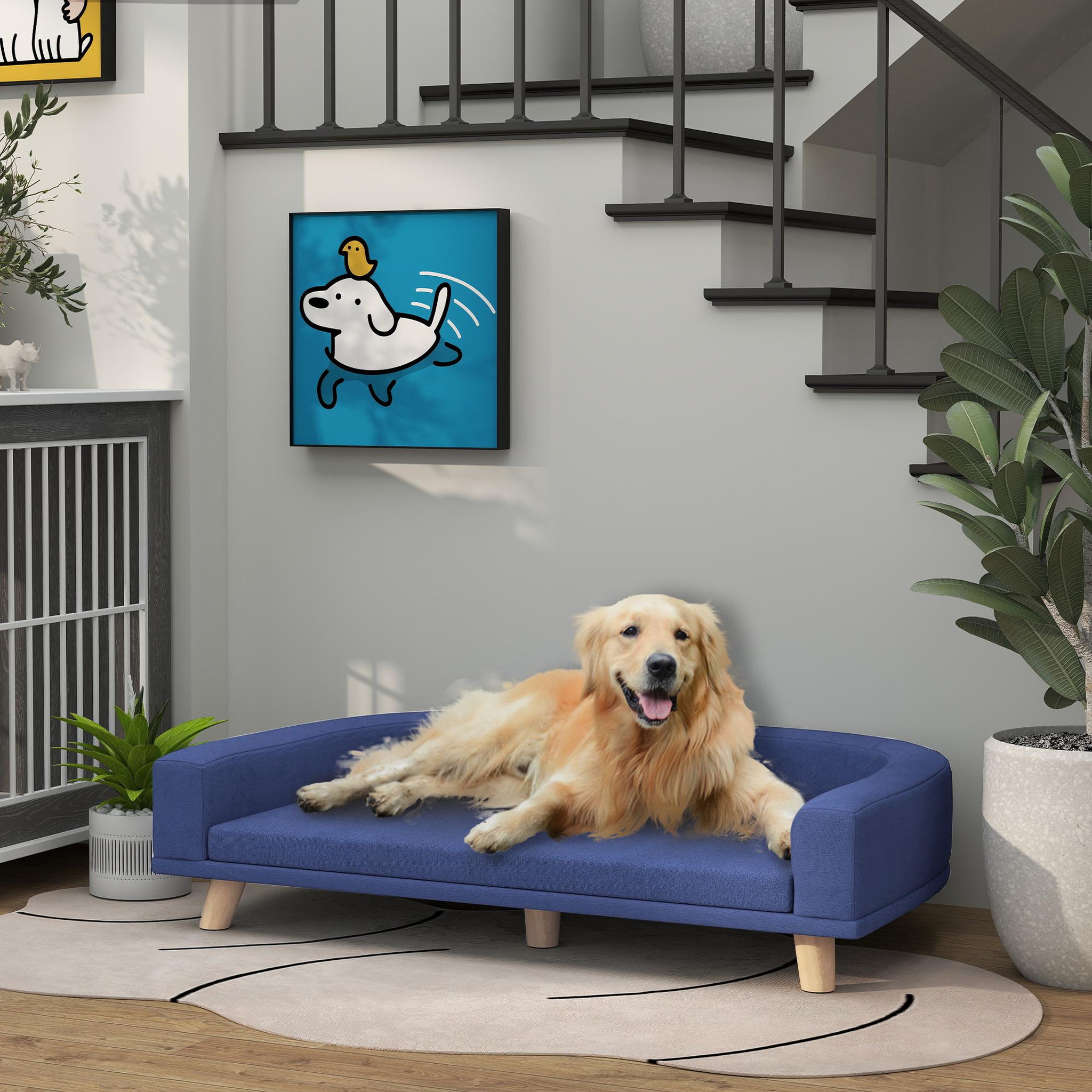 Voir la diapositive 4 : PAWHUT Canapé chien lit pour chien design scandinave coussin déhoussable dim 98l x 67l x 25h cm pieds bois tissu polyester bleu