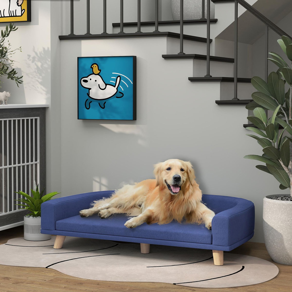 PAWHUT Canapé chien lit pour chien design scandinave coussin déhoussable dim 98L x 67l x 25H cm pieds bois tissu polyester bleu