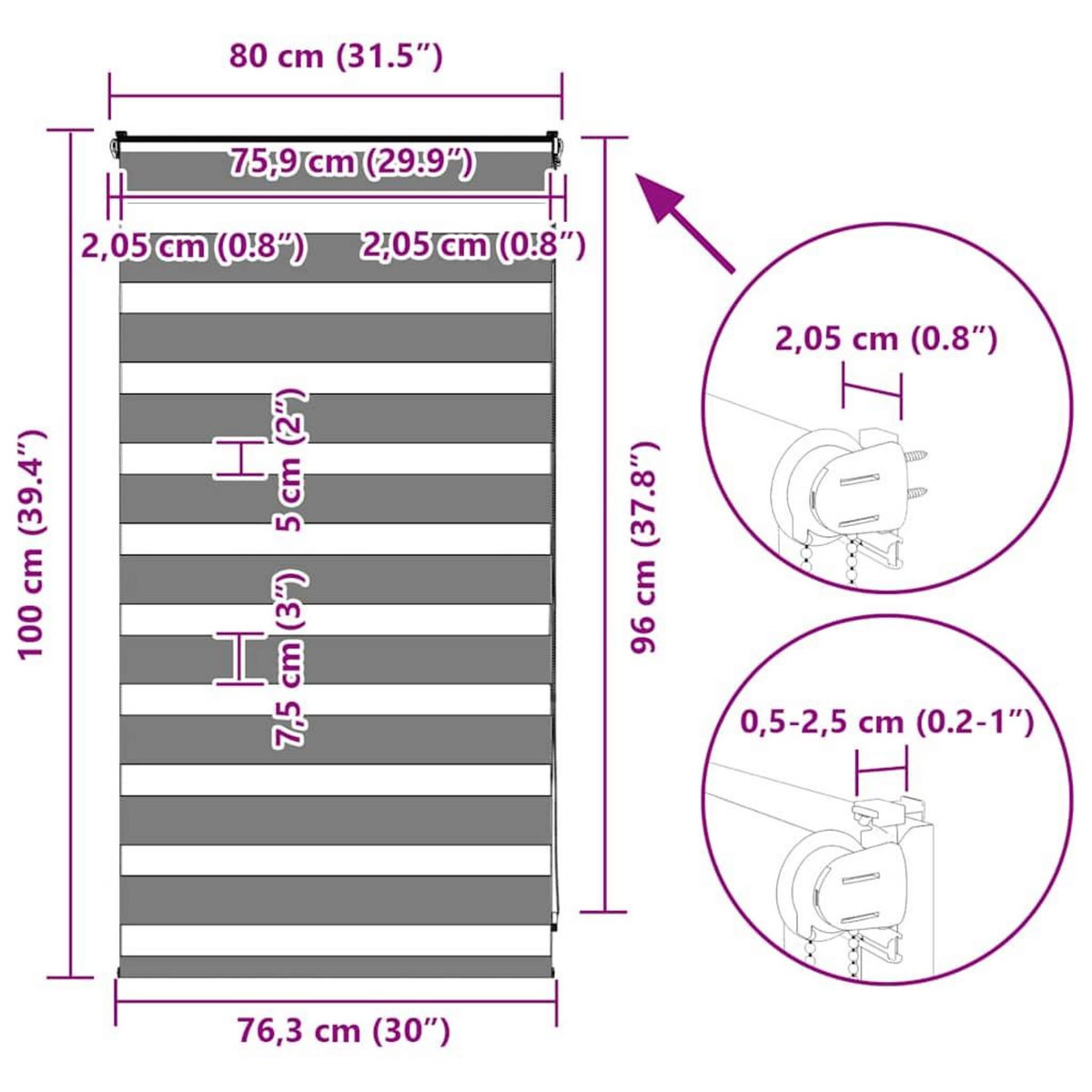 VIDAXL Store zebre blanc 80x100 cm largeur du tissu 75,9 cm polyester