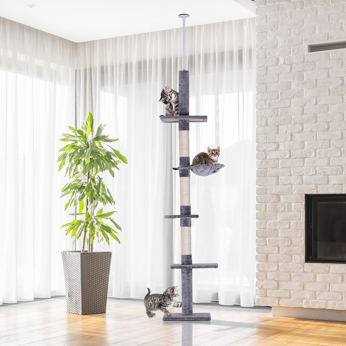 PAWHUT Arbre à chat poteau à griffer L40 x l 34 x H 230-260 cm 5 niveaux d'activités gris