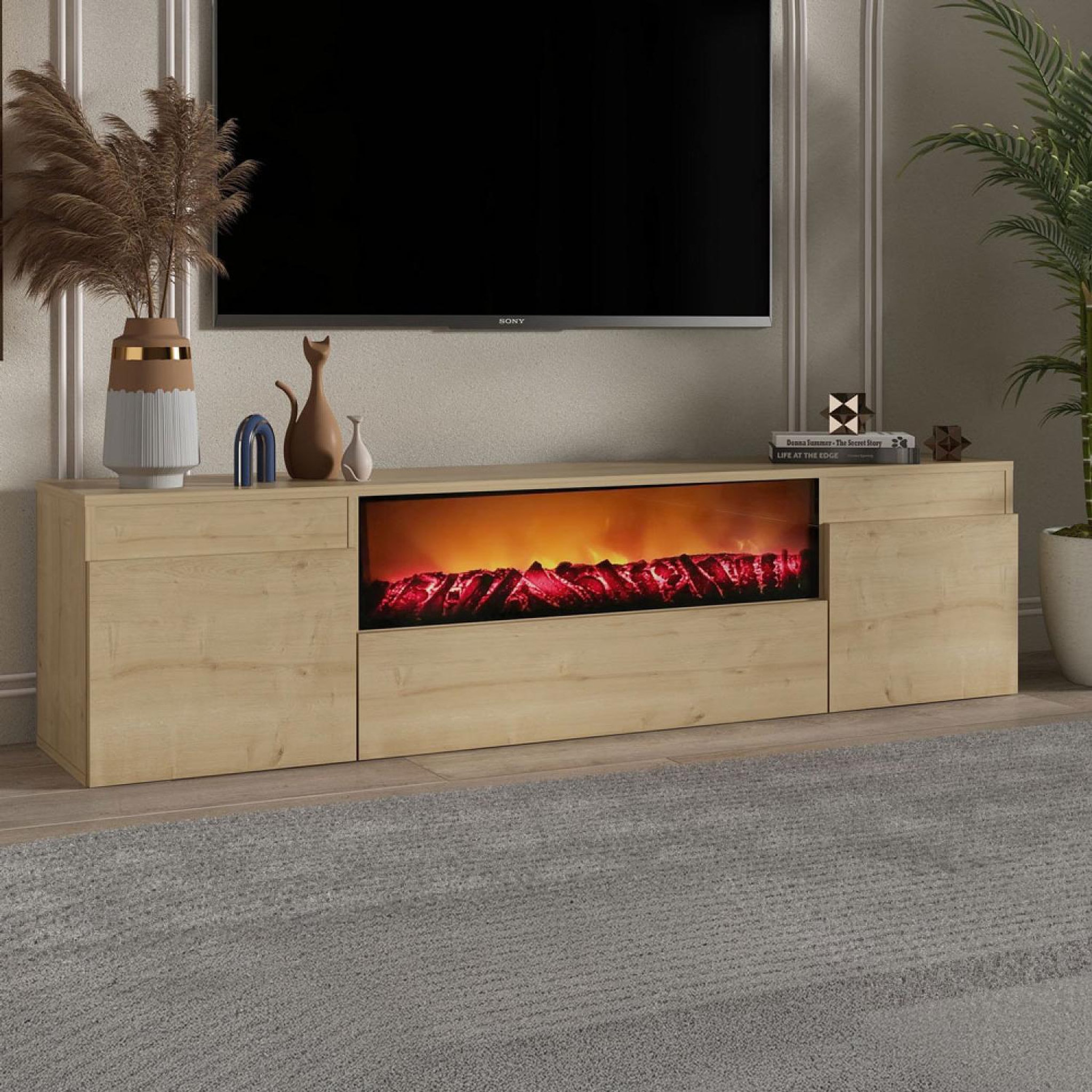 Voir la diapositive 3 : CONCEPT USINE Meuble tv avec cheminée led 180cm aspect bois pyro