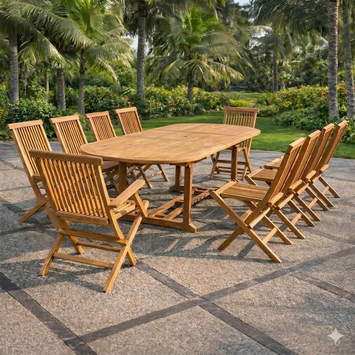CONCEPT USINE Salon de jardin Teck 12 places Table ovale 8 chaises 2 fauteuils KAJANG