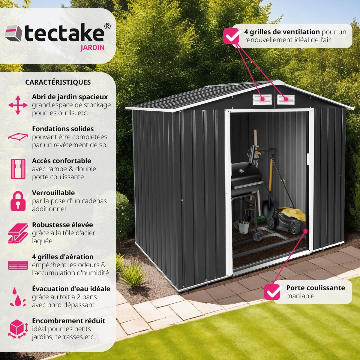 tectake Abri de jardin métal 2,7 m² toiture 2 pans en tôle d'acier gris/blanc