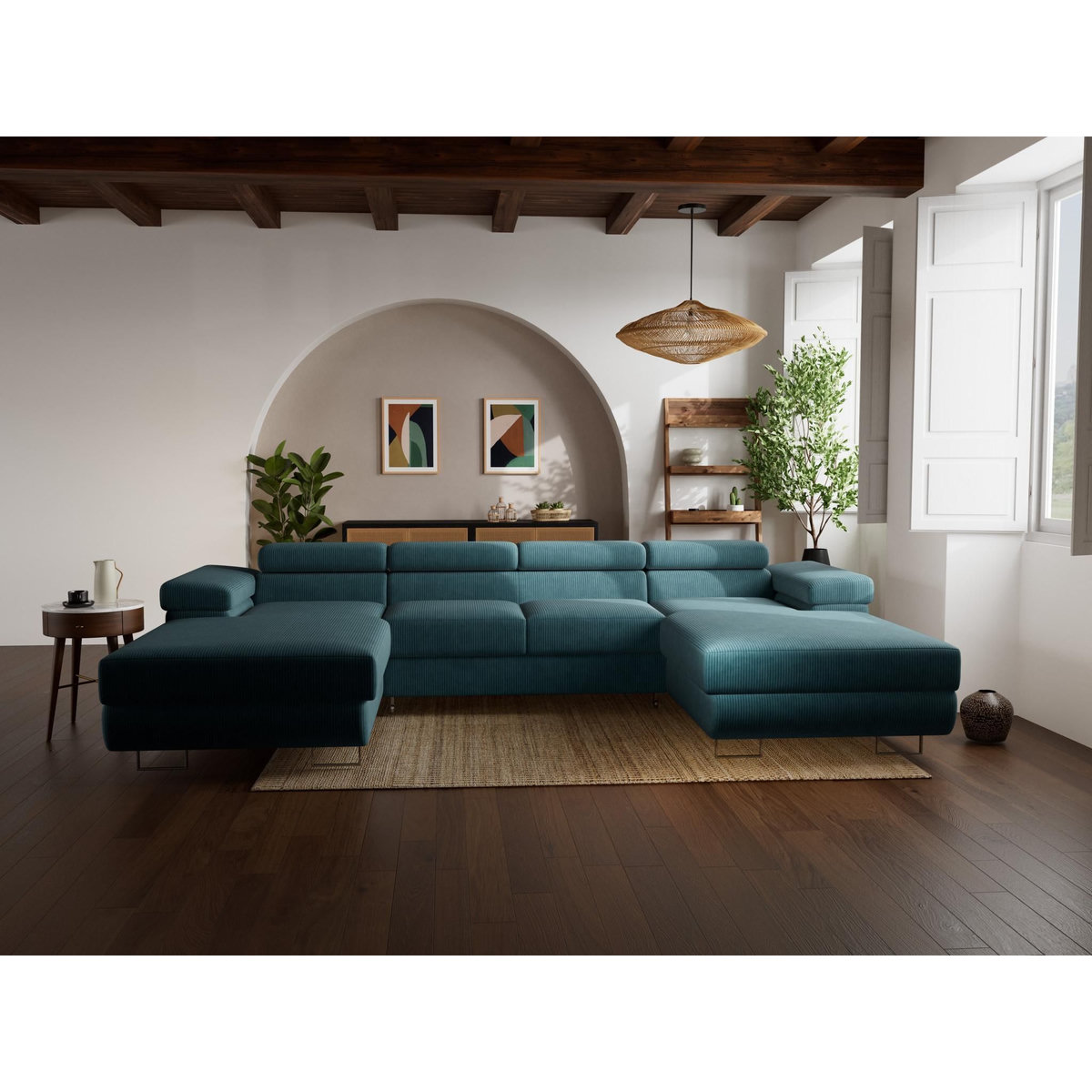 BEST MOBILIER Pablo - canapé panoramique en u - 7 places - convertible avec coffres et têtières réglables - en velours côtelé