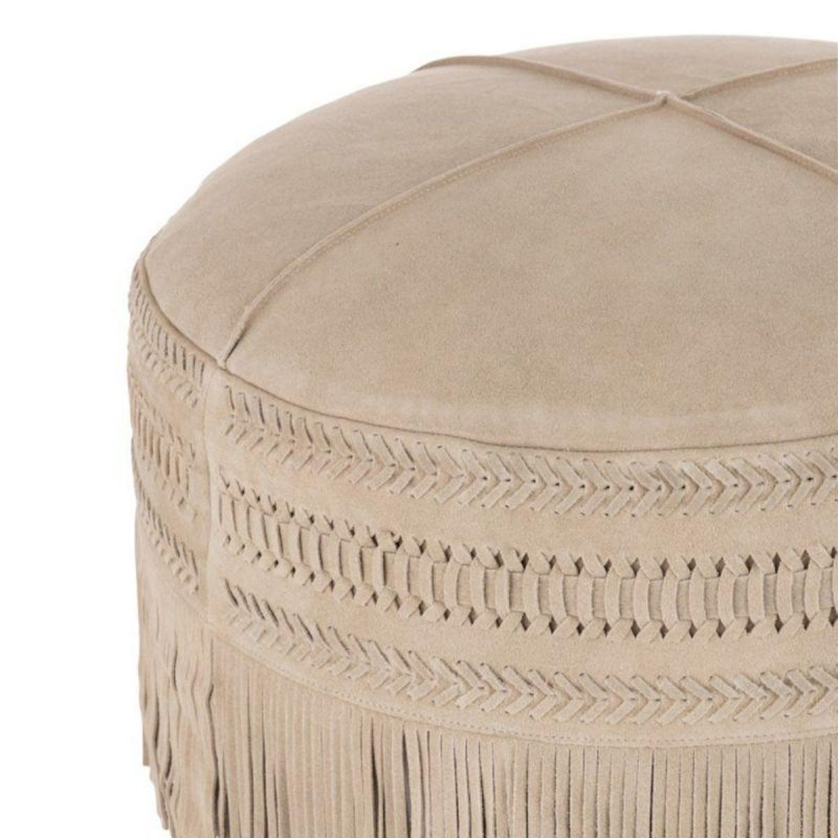 Paris Prix Pouf Rond en Cuir à Franges  India  50cm Gris