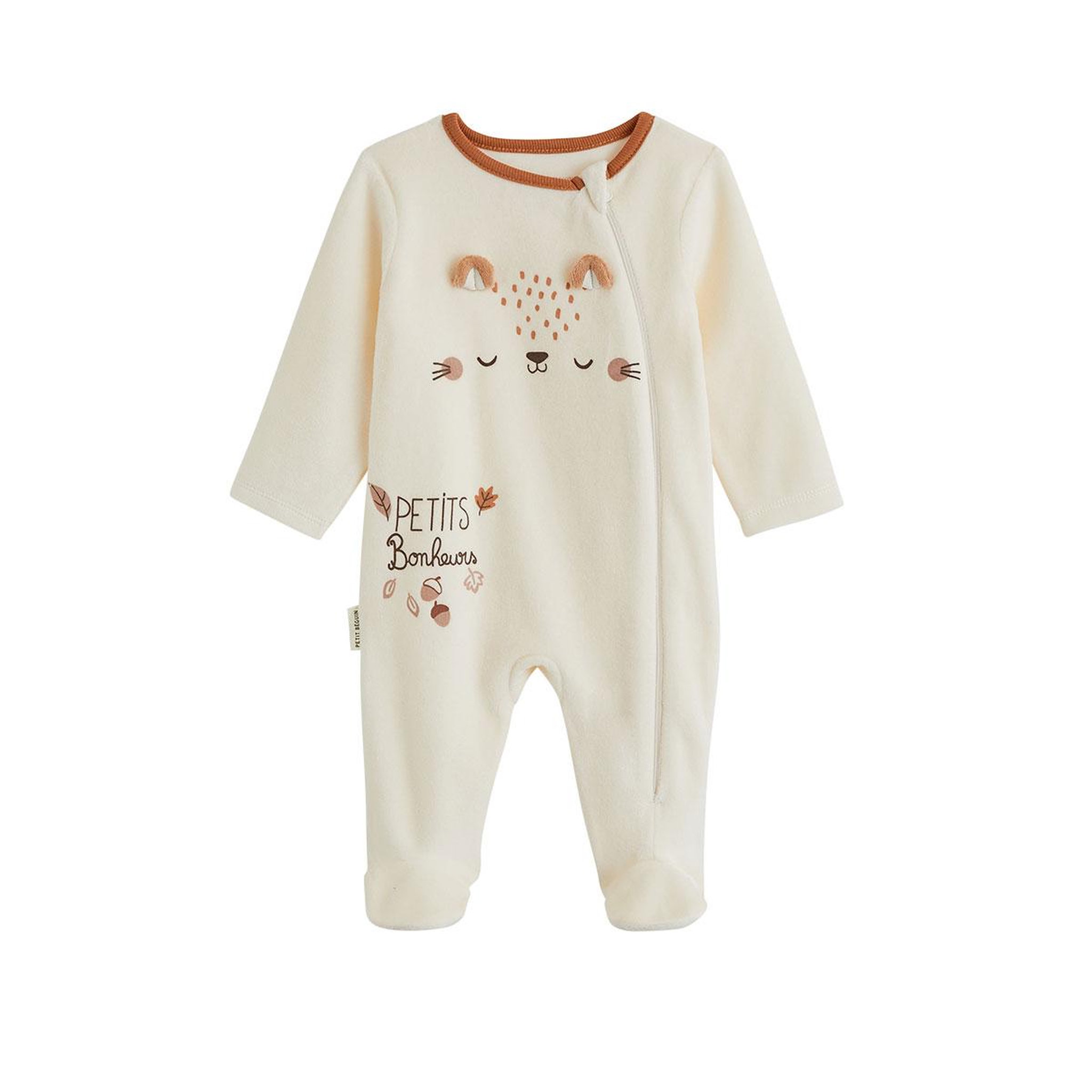 PETIT BEGUIN Pyjama bébé en velours ouverture zippée caramel. Coloris disponibles : Beige