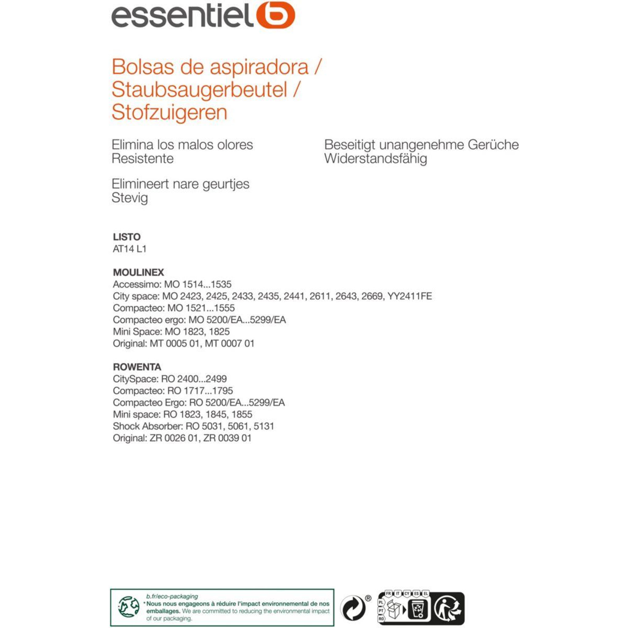 Voir la diapositive 2 : ESSENTIEL B Sac aspirateur eb2111