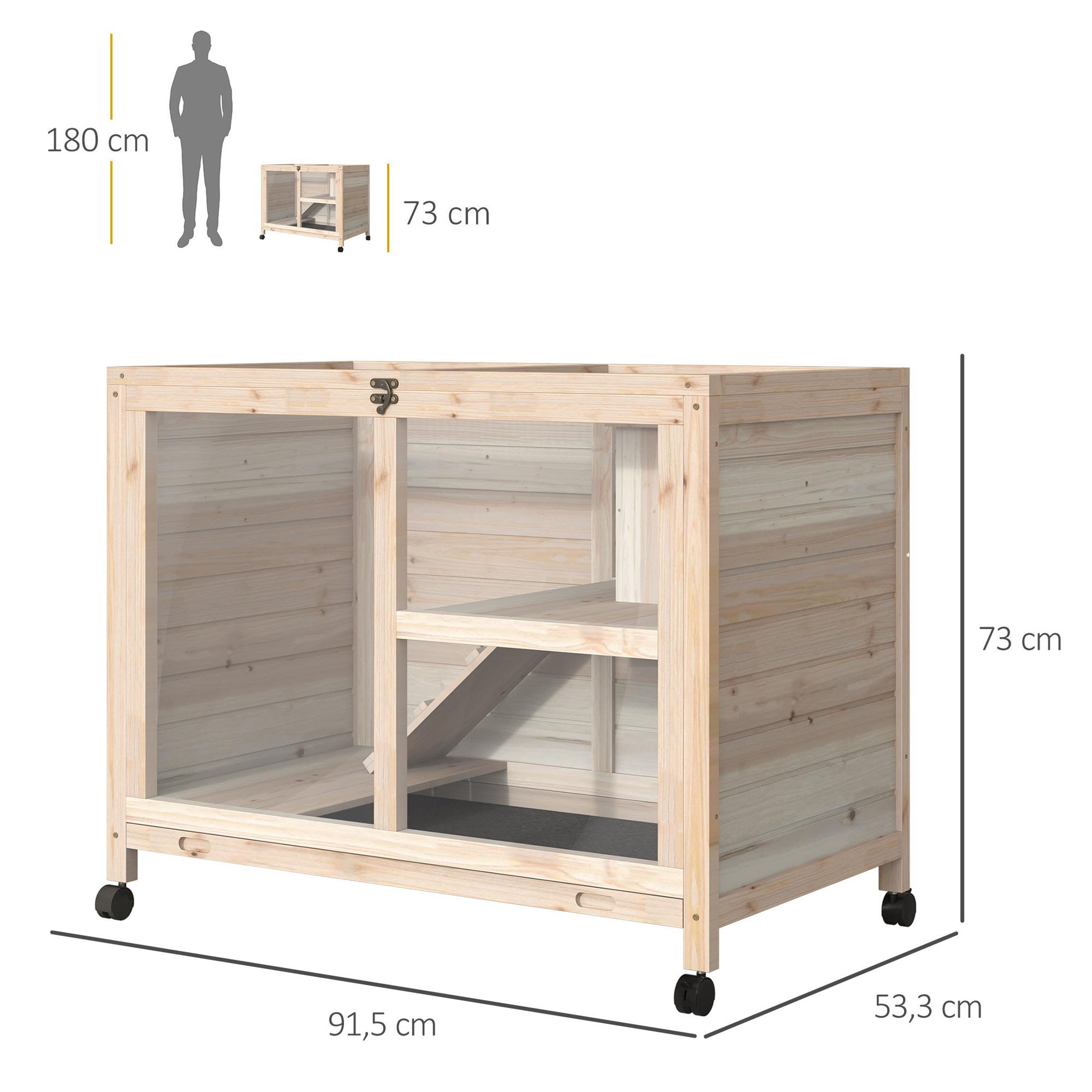Voir la diapositive 3 : PAWHUT Clapier à lapin sur roulettes cage à lapin 2 niveaux toit ouvrant verrouillable plateau déjection coulissant rampe niche bois de sapin