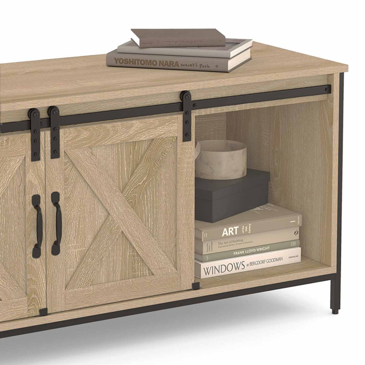 ID MARKET Meuble TV 113 cm QUEBEC 2 portes granges coulissantes design industriel