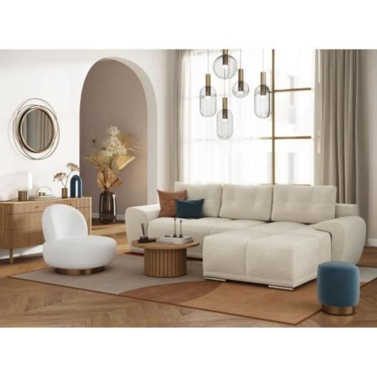 LOUNGITUDE Canapé d'angle droit 4 places convertible CASSANDRA avec coffre en tissu - Beige - L270 x P181 x H89cm - LOUNGITUDE