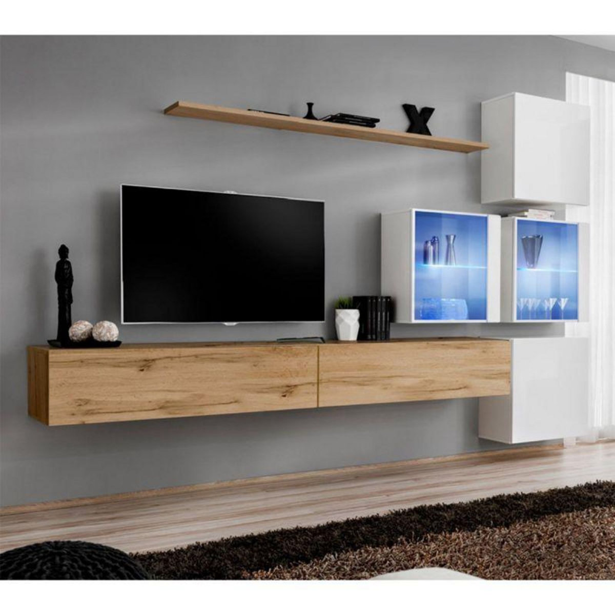 Paris Prix Meuble TV Mural Design  Switch XIX  310cm Naturel & Blanc