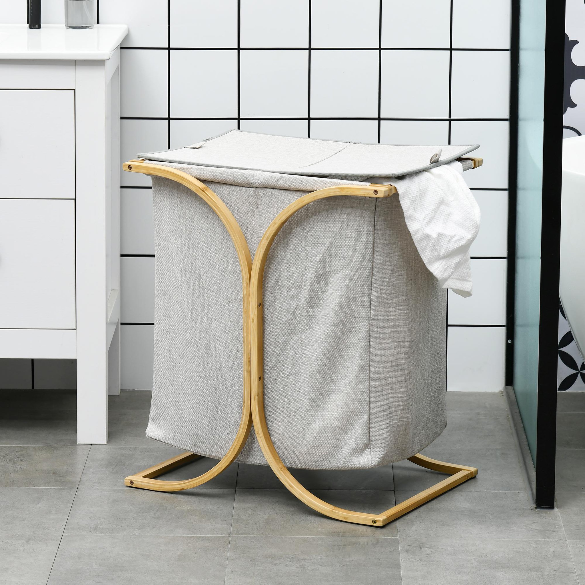 Voir la diapositive 2 : HOMCOM Panier à linge corbeille à linge bac linge sale 2 paniers bambou polyester gris
