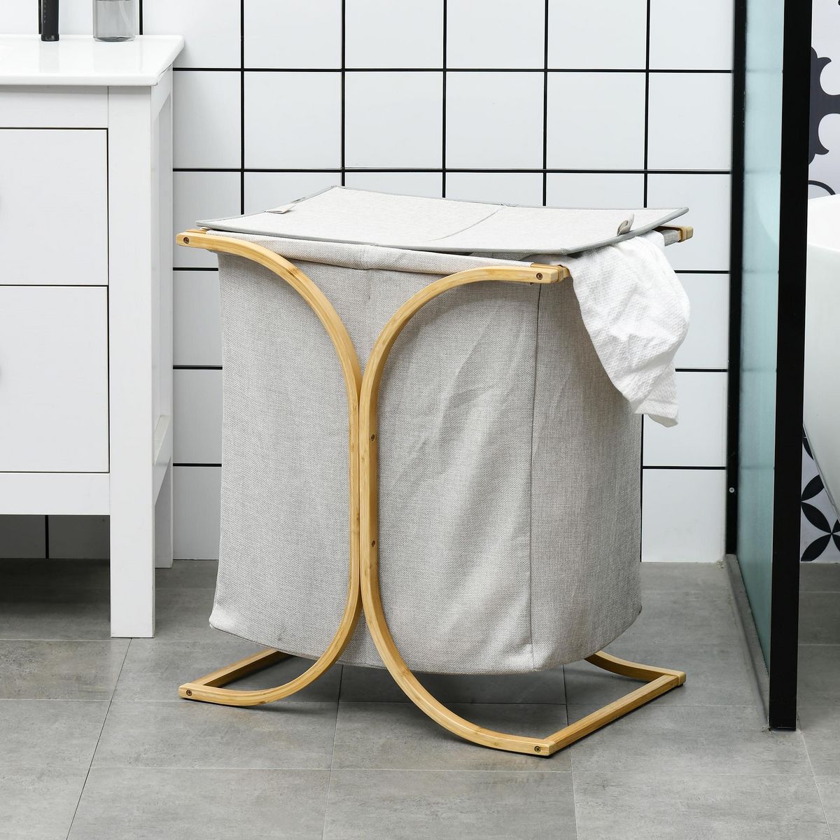 HOMCOM Panier à linge corbeille à linge bac linge sale 2 paniers bambou polyester gris
