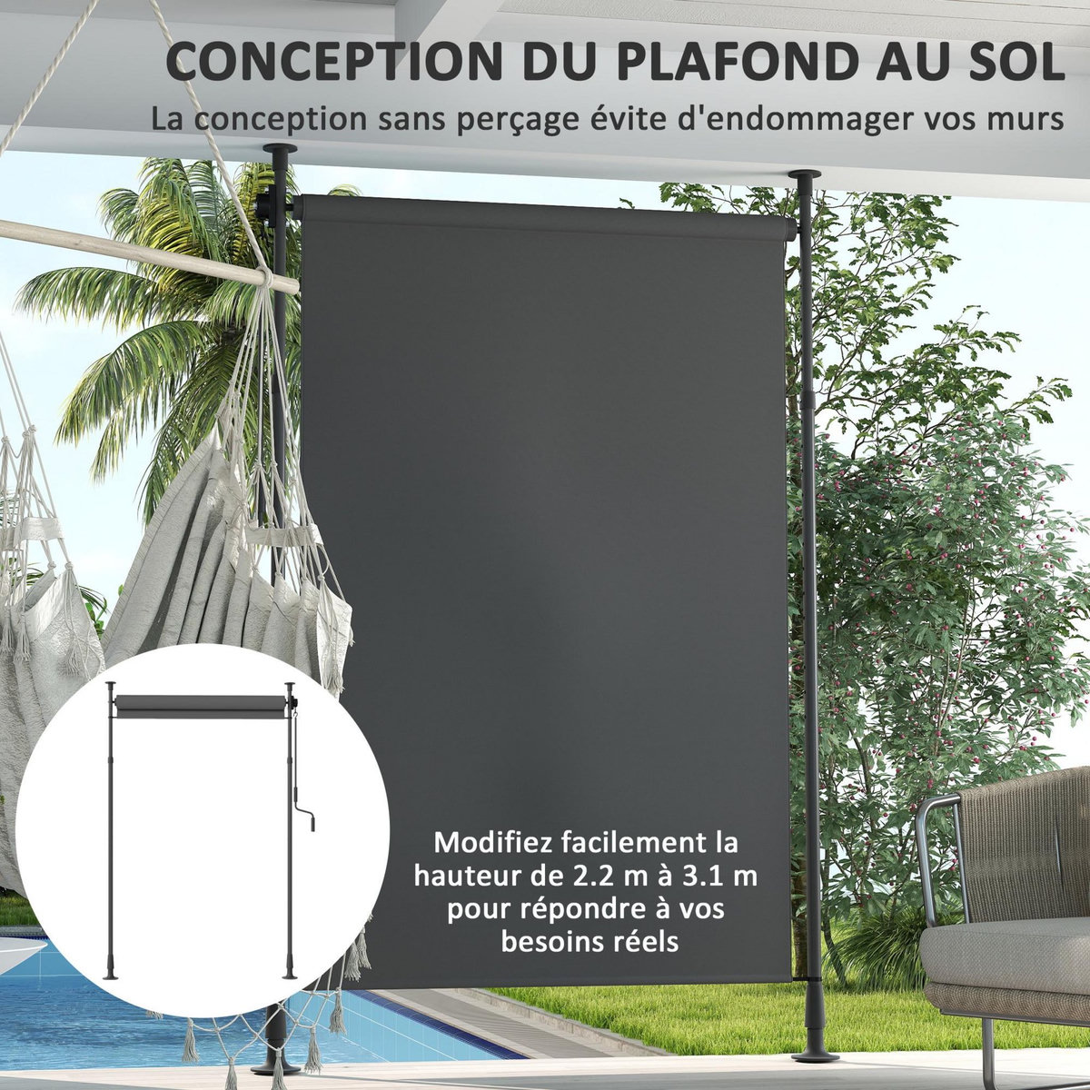 OUTSUNNY Store extérieur sur pied store manuel rétractable enroulable réglable H.2,2-3,1m sans perçage métal polyester gris